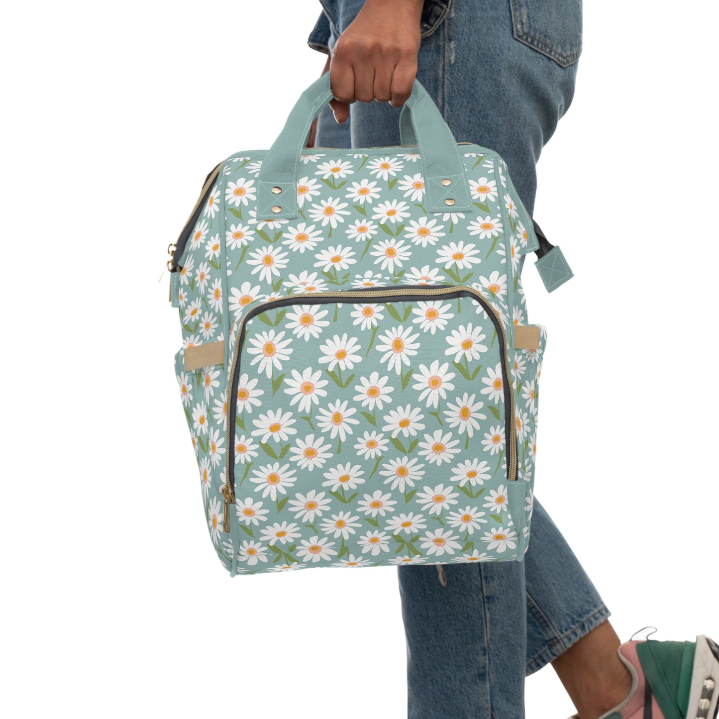 Cheerful Bright Daisy on Pastel Green Design Multifunctional Diaper Backpack