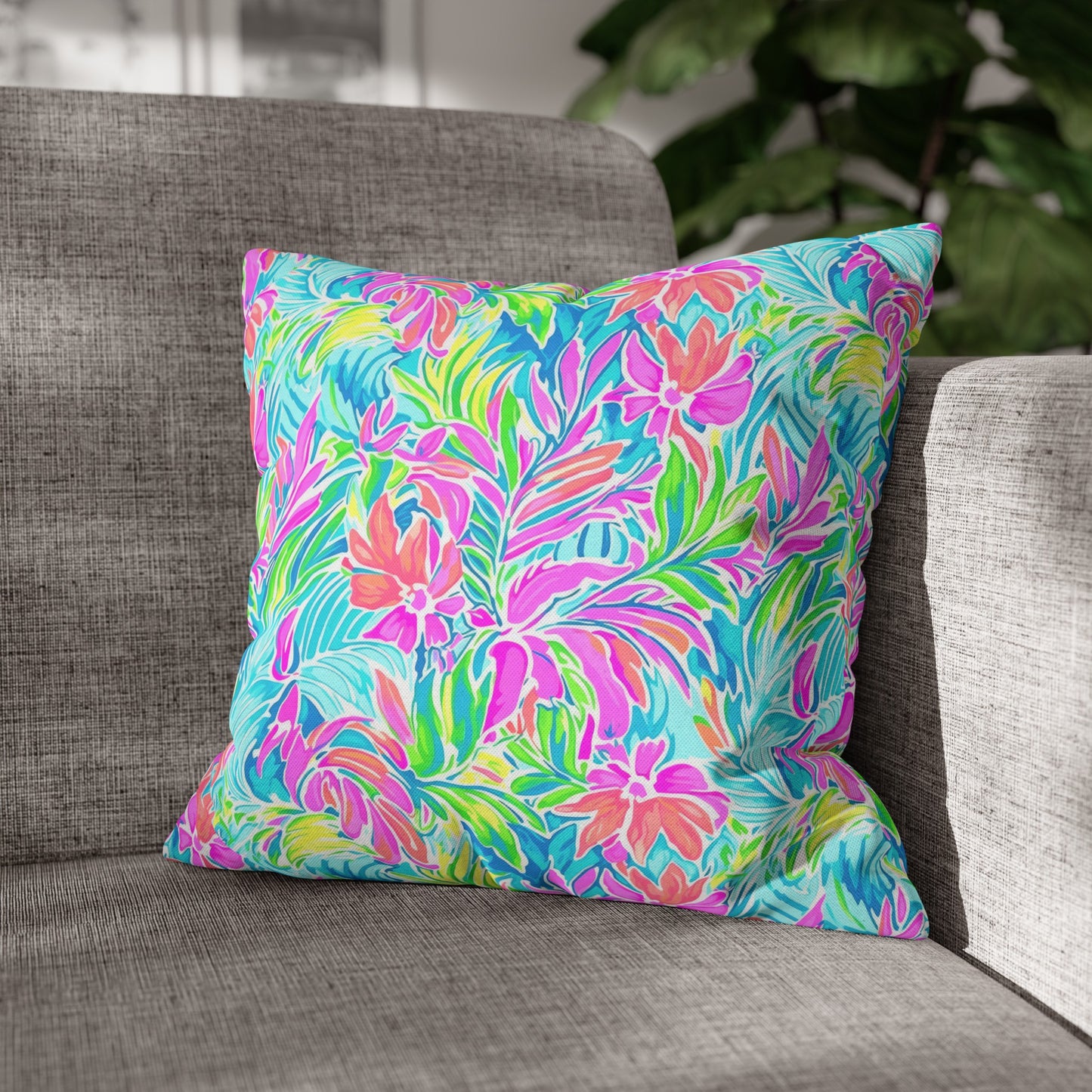 Neon Tropics: Vibrant Rainbow Flowers and Palm Leaves in Electric Splendor Spun Polyester Square Pillowcase 4 Sizes