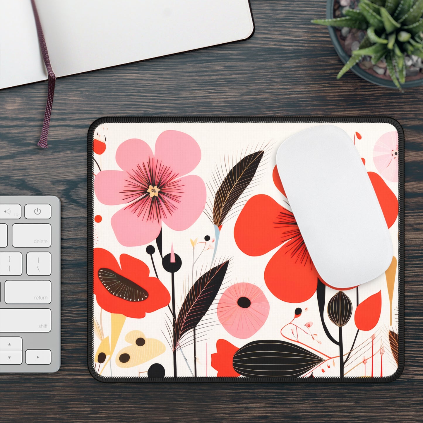 Bohemian Blossoms: Vibrant Red and Pink Flower Garden Gaming Mouse Pad with Finished Edges