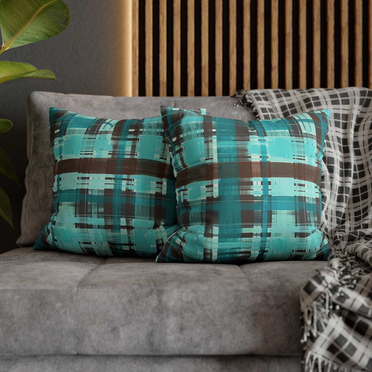 Bold Abstract Watercolor Plaid in Shades of Green and Brown Spun Polyester Square Pillowcase 4 Sizes