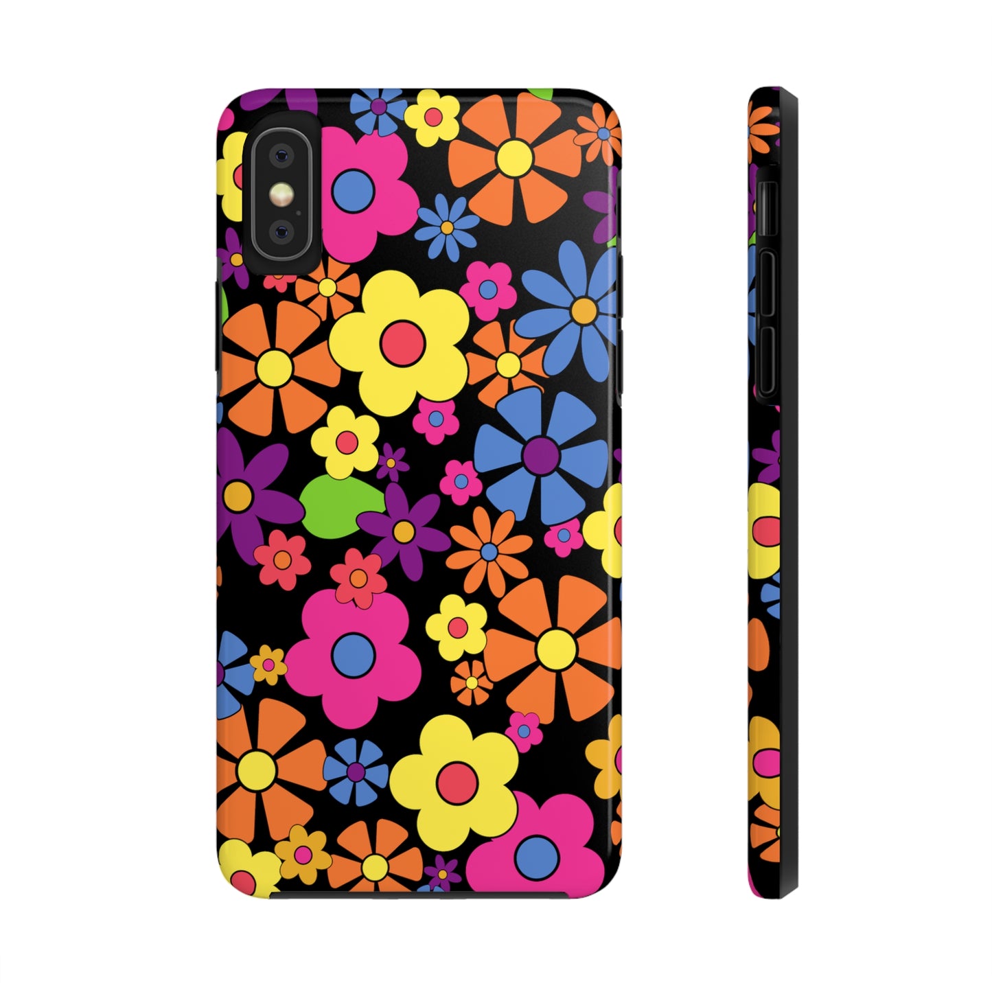 Flower Power Design on Black Background Iphone Tough Phone Case