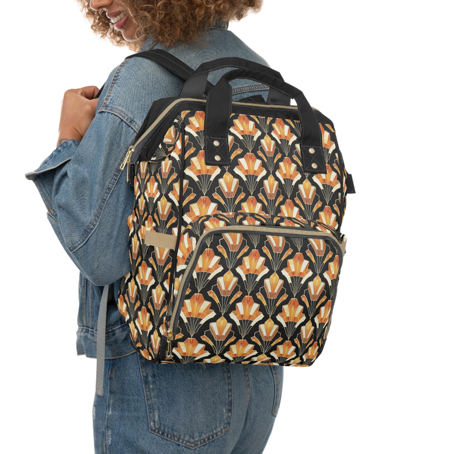 Art Deco Inspired Streamlined Geometric Florals in Orange and Black Multifunctional Diaper Backpack