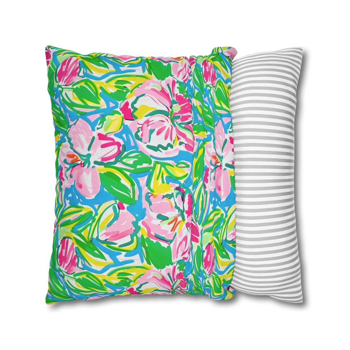 Whispering Meadows: Pink Blossoms, Lush Green Leaves, and Accents of Yellow and Blue Spun Polyester Square Pillowcase 4 Sizes