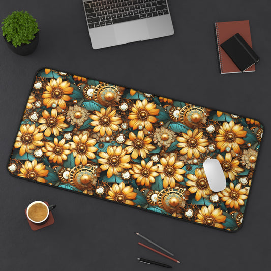 Victorian Steampunk Muted Gold Teal Background with Gears and Mechanical Elements - Desk Mat Extended Gaming Mouse Pad 3 Sizes