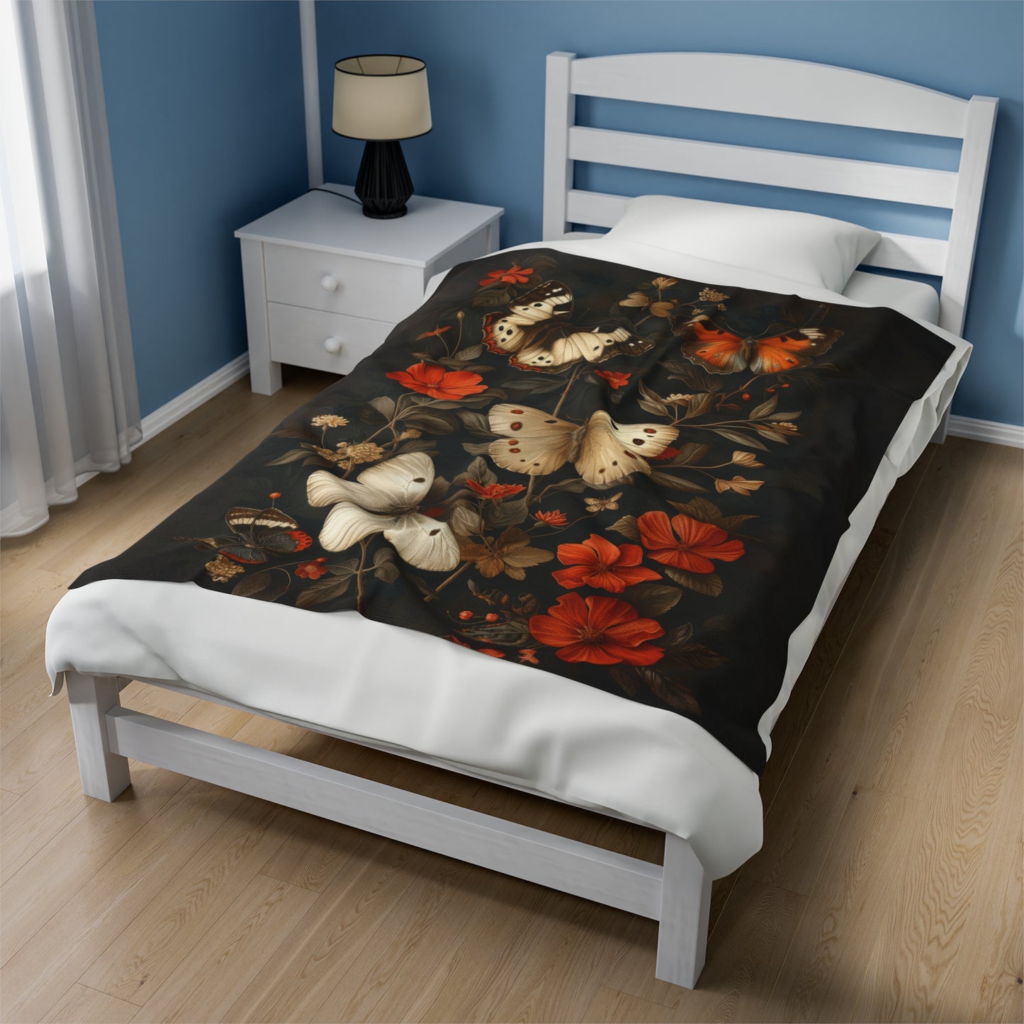 Mystical Flutter: Vintage Botanical Butterfly and Blooms  Velveteen Plush Blanket 3 Sizes