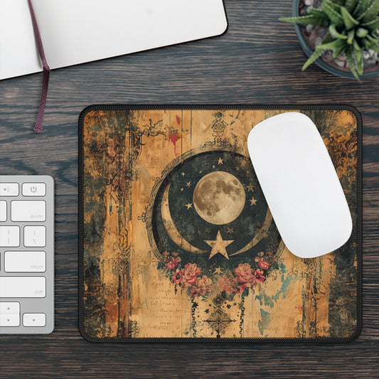 Mystical Vintage Celestial Full Moon Stars and Flowers Gaming Mouse Pad with Finished Edges