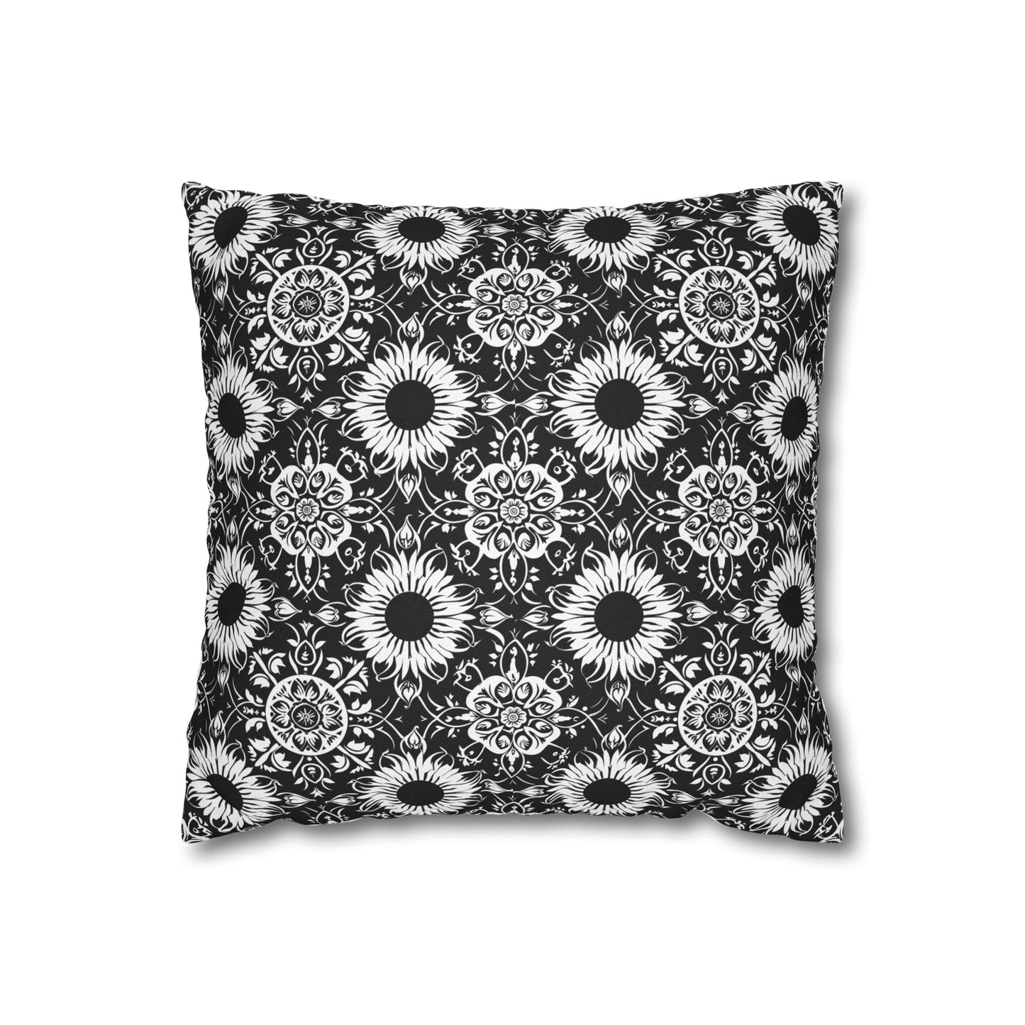 Elegant Mandala Design with Black and White Sunflowers Spun Polyester Square Pillowcase 4 Sizes