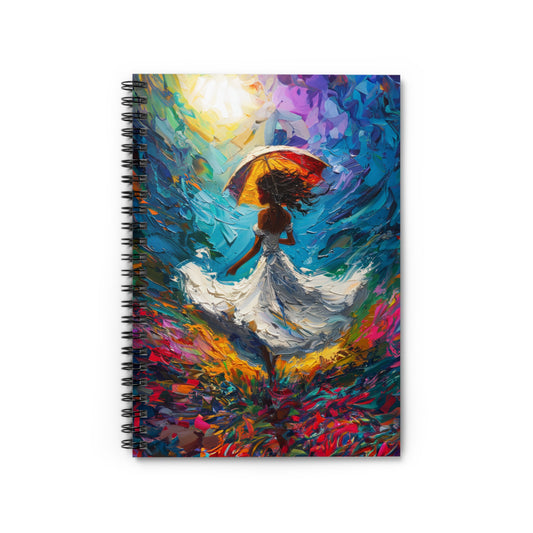 Dancing In The Rain and Sunshine Women in White Dress Swirling Floral Field of Flowers - Spiral Notebook Ruled Line 6"x8"