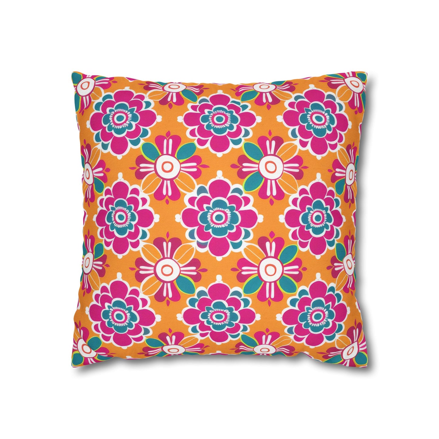 Array of Stylized Floral Motifs in Vivid Pink, Teal, and White Set Against a Warm Orange Backdrop Spun Polyester Square Pillowcase 4 Sizes