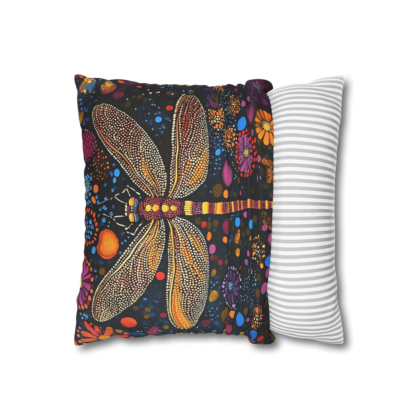 Vibrant Dragonfly Amidst a Kaleidoscope of Dot-Painted Blooms Spun Polyester Square Pillowcase 4 Sizes