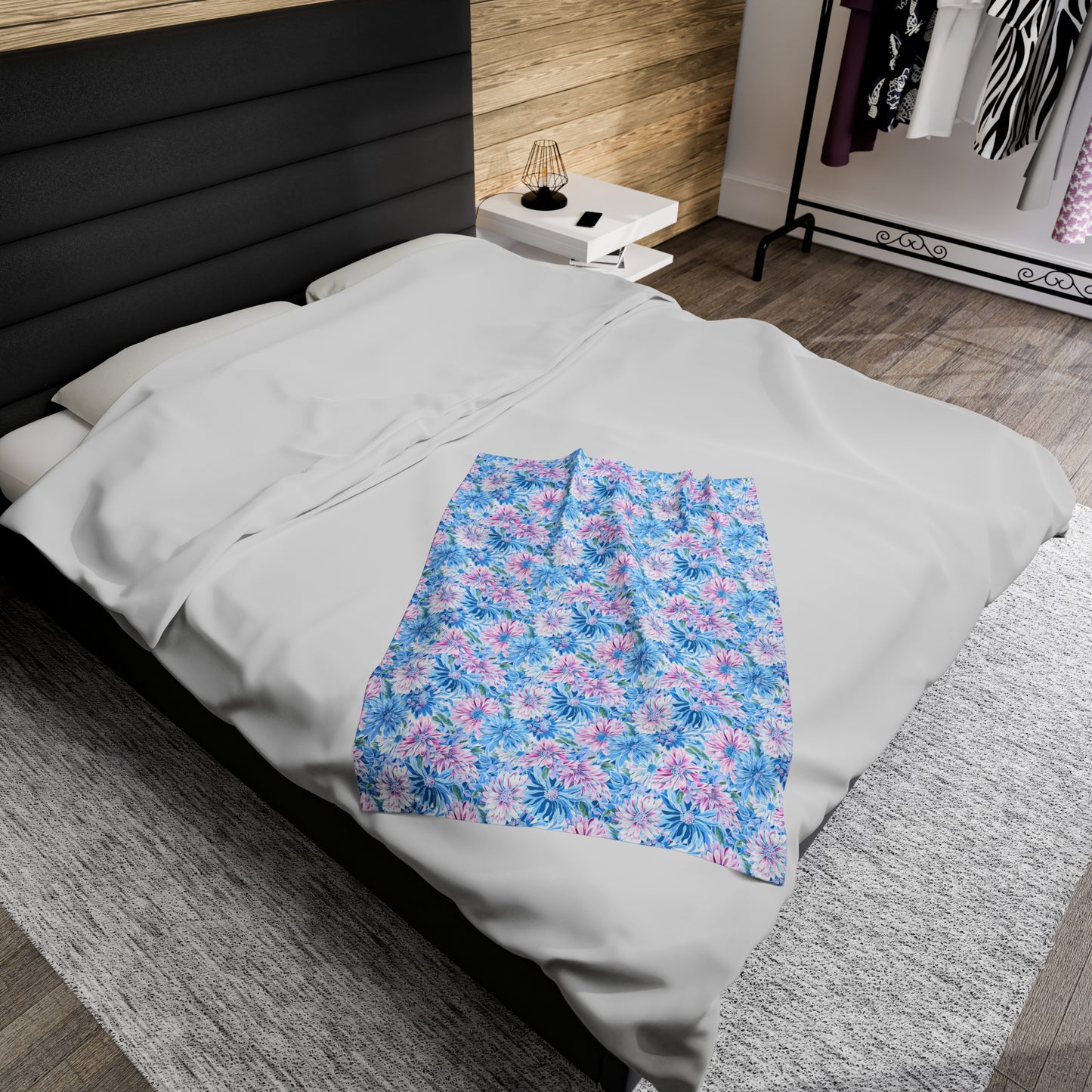 Pastel Blossom Symphony: Spring Flowers in Soft Pink and Blue Hues Velveteen Plush Blanket 3 Sizes