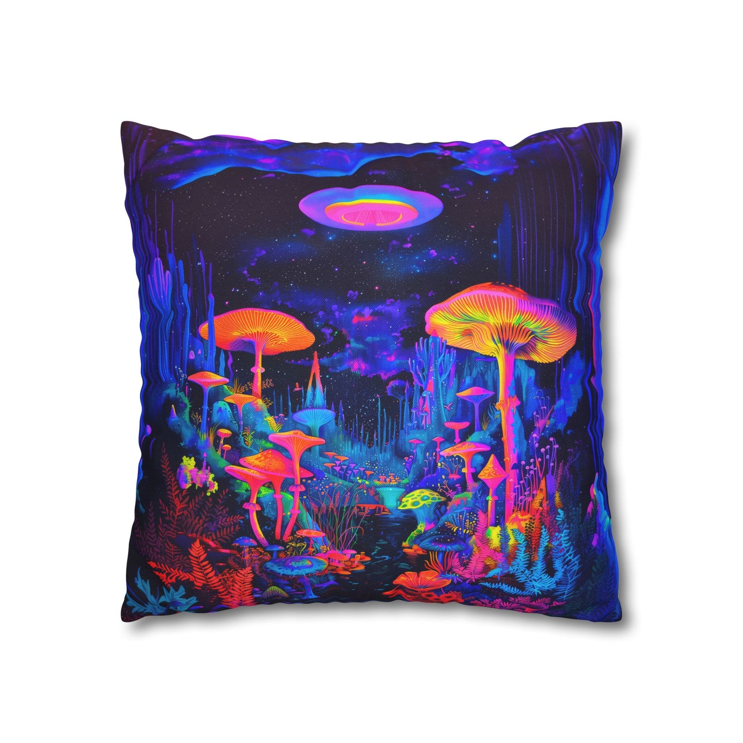 Vibrant Psychedelic Fantasy Neon Mushroom Forest Landscape Spun Polyester Square Pillowcase 4 Sizes