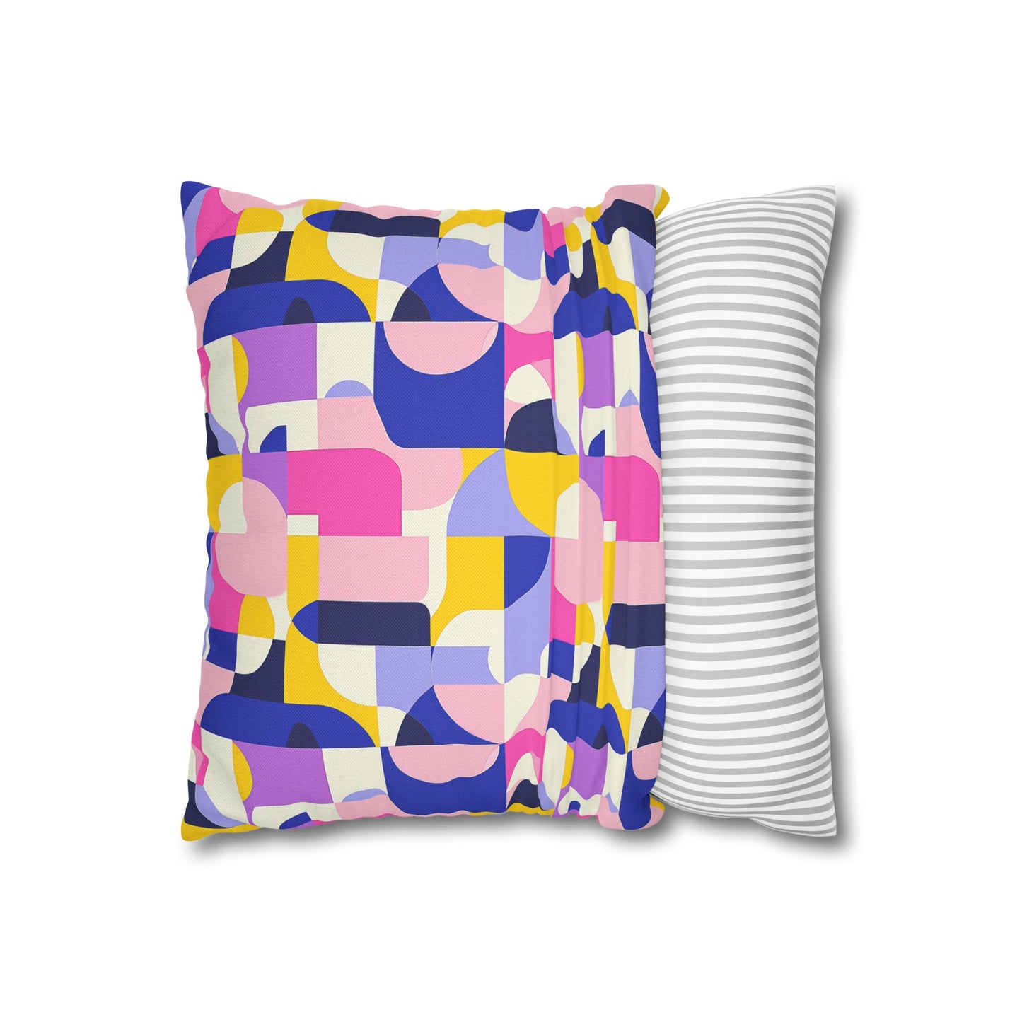 Vibrant Pink, Blue Yellow Color Block Geometric Shapes Spun Polyester Square Pillowcase 4 Sizes