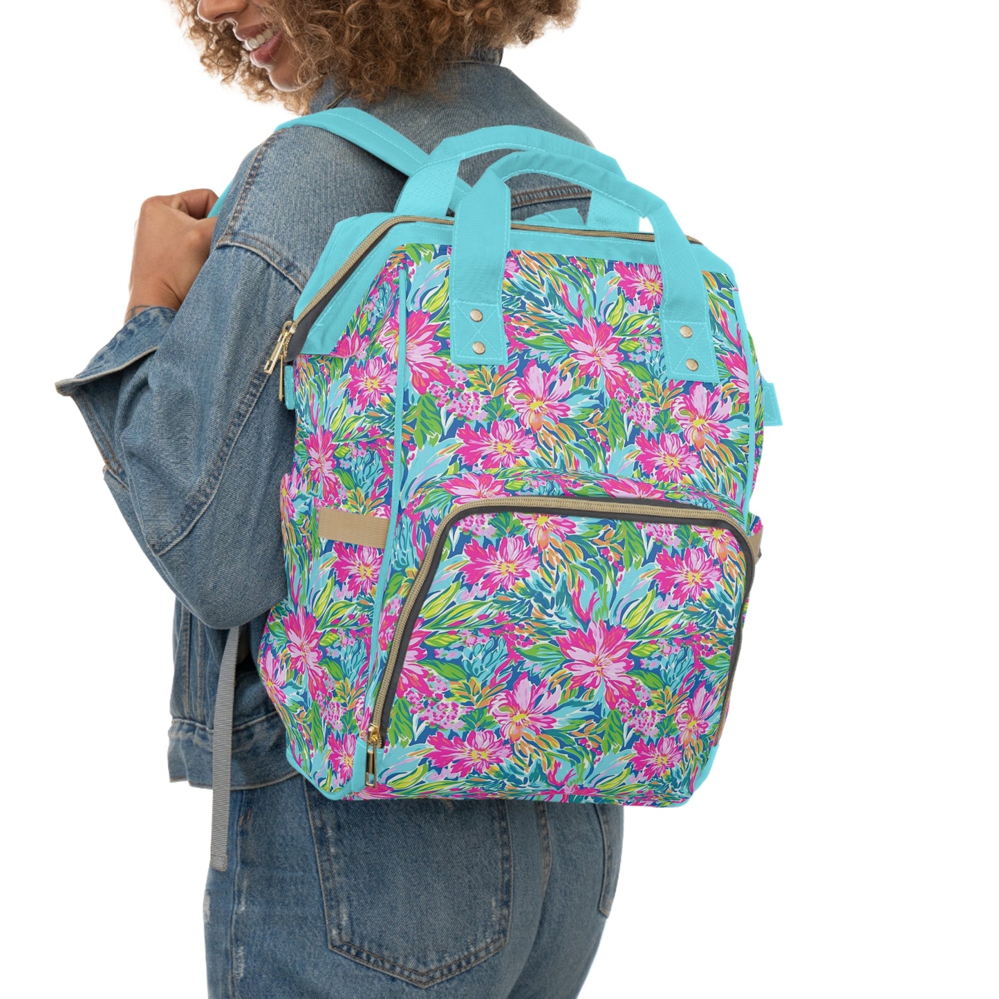 Sunlit Symphony: Large Blooms of Pink, Blue, and Green in Watercolor Multifunctional Diaper Backpack