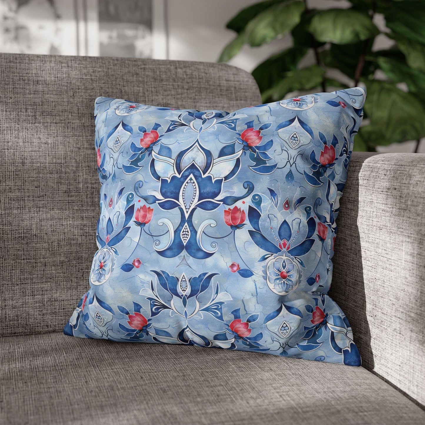 Enchanting Blue and Pink Lotus Mosaic Spun Polyester Square Pillowcase 4 Sizes