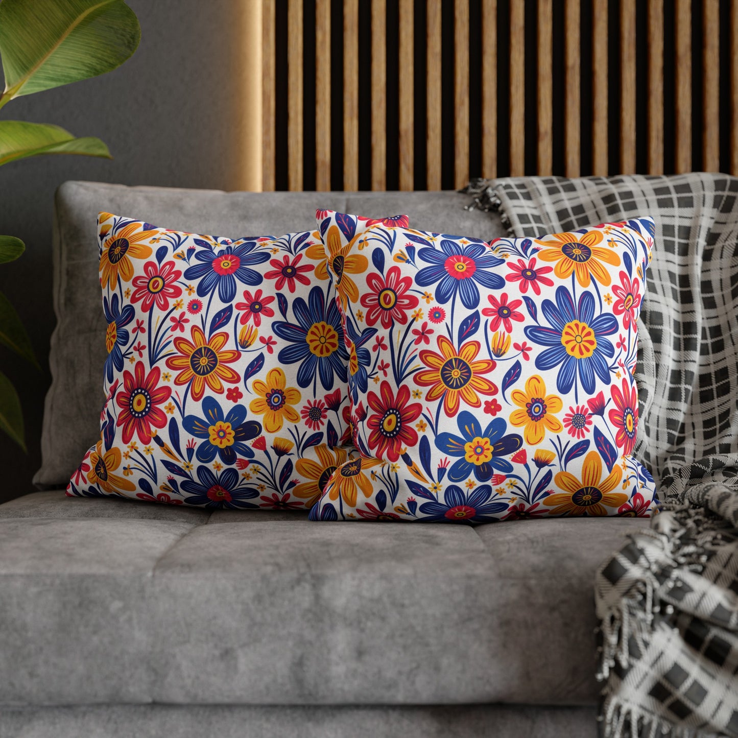 Vivid Blossom Bouquet: Large Hand-Drawn Spring Flowers Bursting with Vibrant Colors Spun Polyester Square Pillowcase 4 Sizes