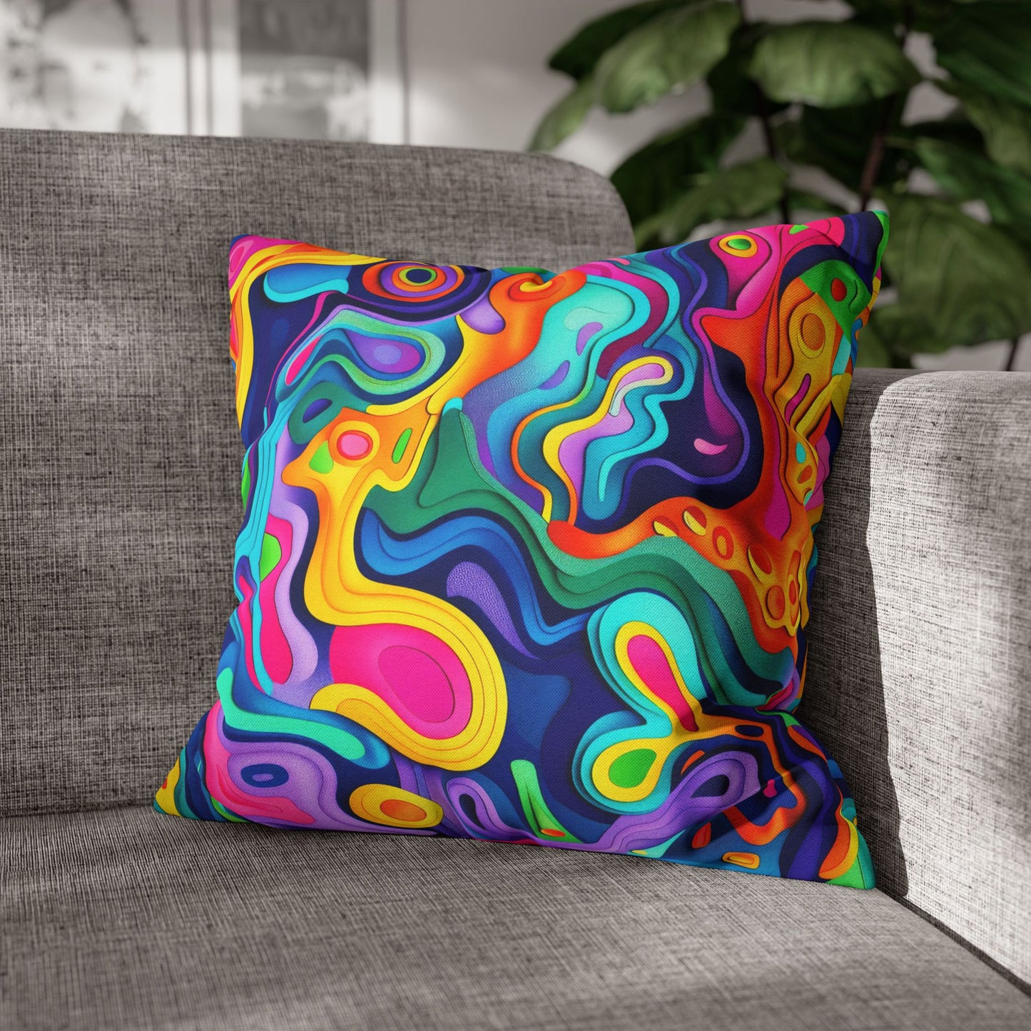 Vibrant Dreamscape of Psychedelic Paper Cut-Out Waves in Vivid Colors Polyester Square Pillowcase 4 Sizes