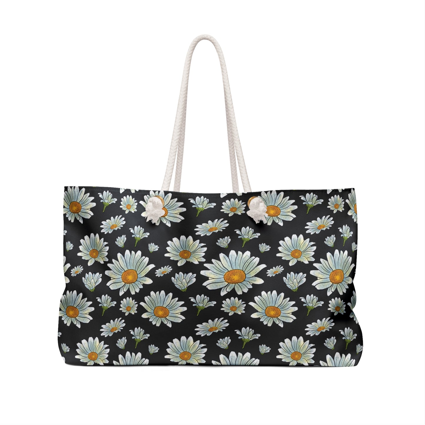 Large Watercolor Summer Daisies Blooming Against a Bold Black Background - Weekender Oversized Canvas Tote Bag 24" × 13"