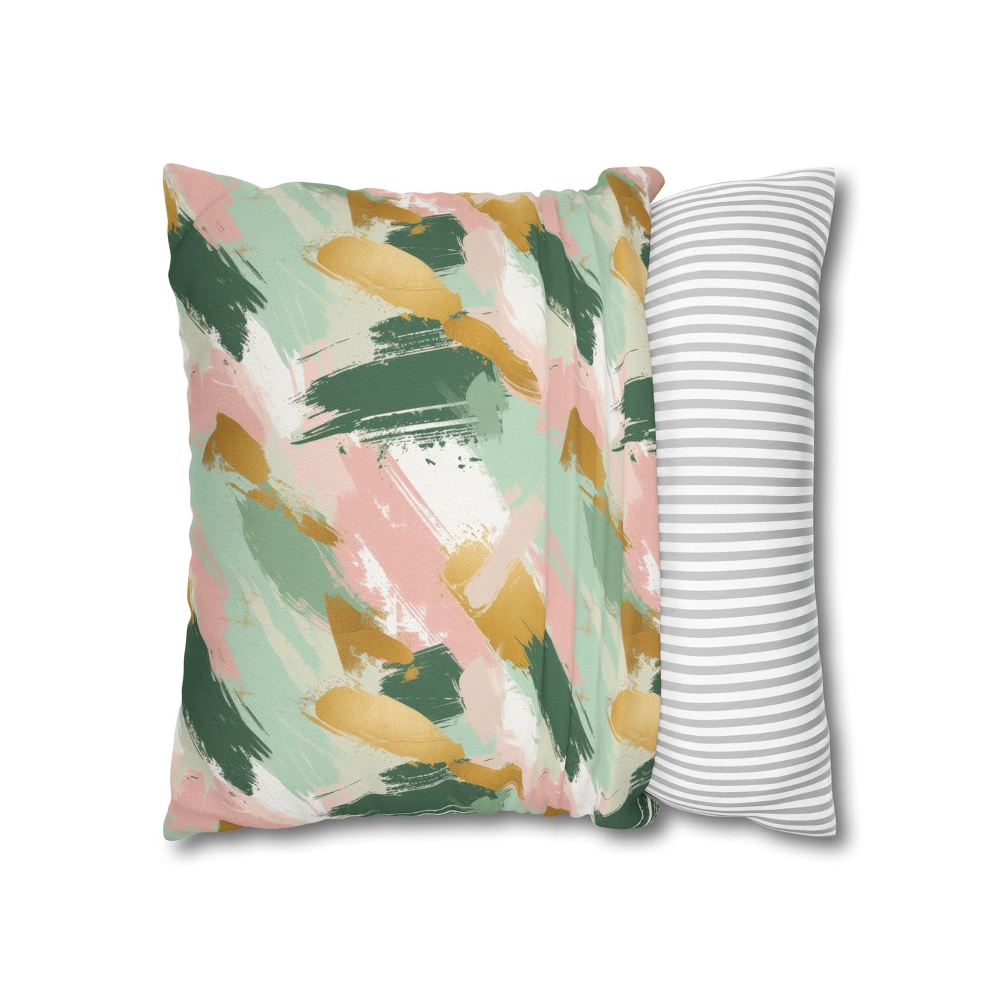 Spring Brushstrokes Abstract in Light Green, Pink, and Gold Spun Polyester Square Pillowcase 4 Sizes