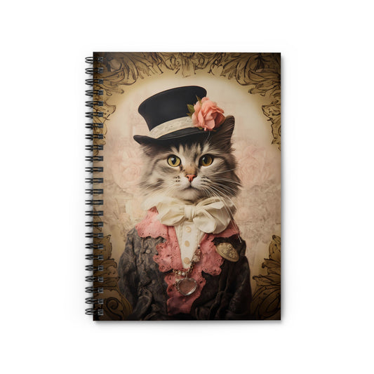 Whimsical Steampunk Feline: Victorian Top Hat and Bow Tie Adorned Cat, Dressed in Pink Lace - Spiral Notebook Ruled Line 6"x8"