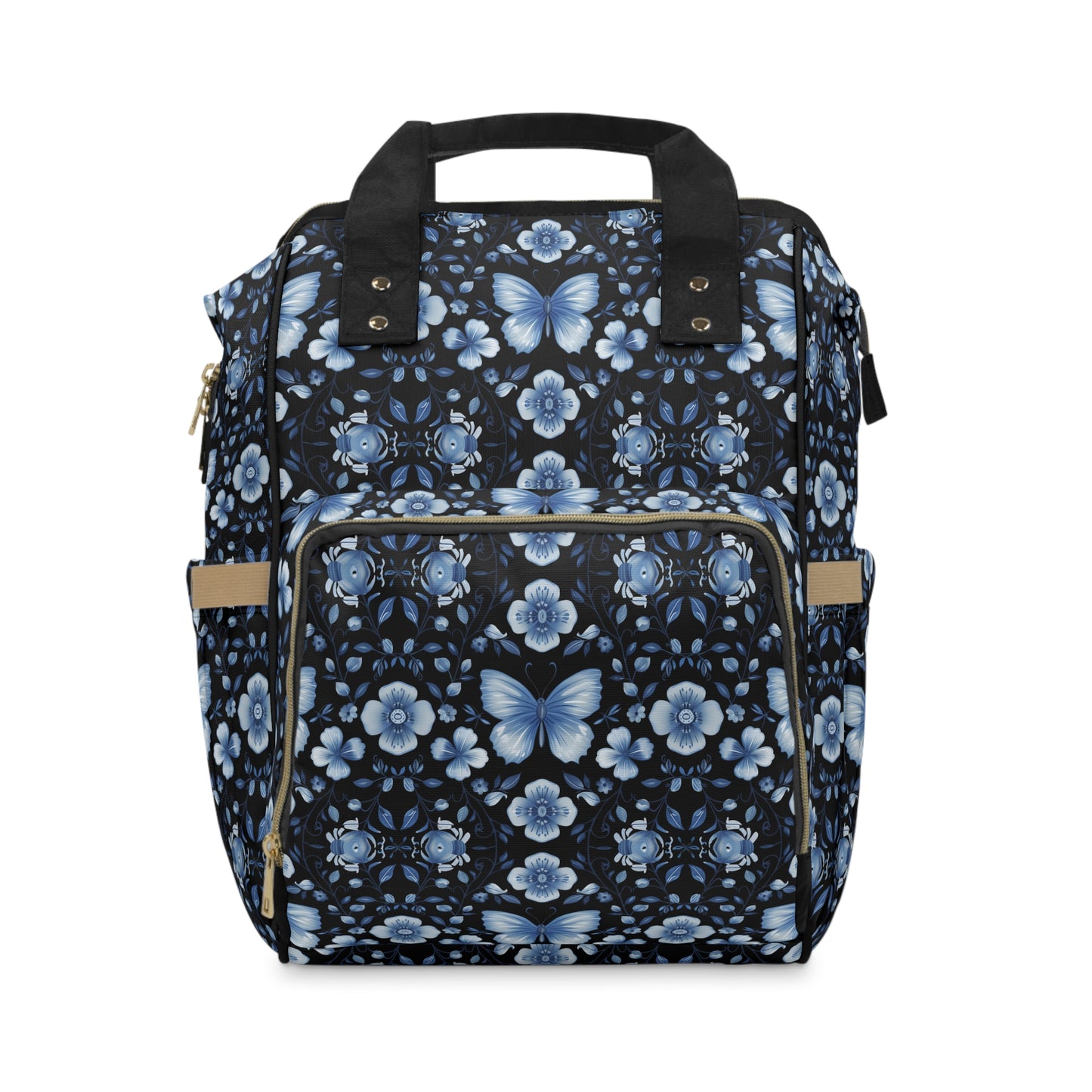 Enchanted Blue Butterflies and Blooms on Black Multifunctional Diaper Backpack