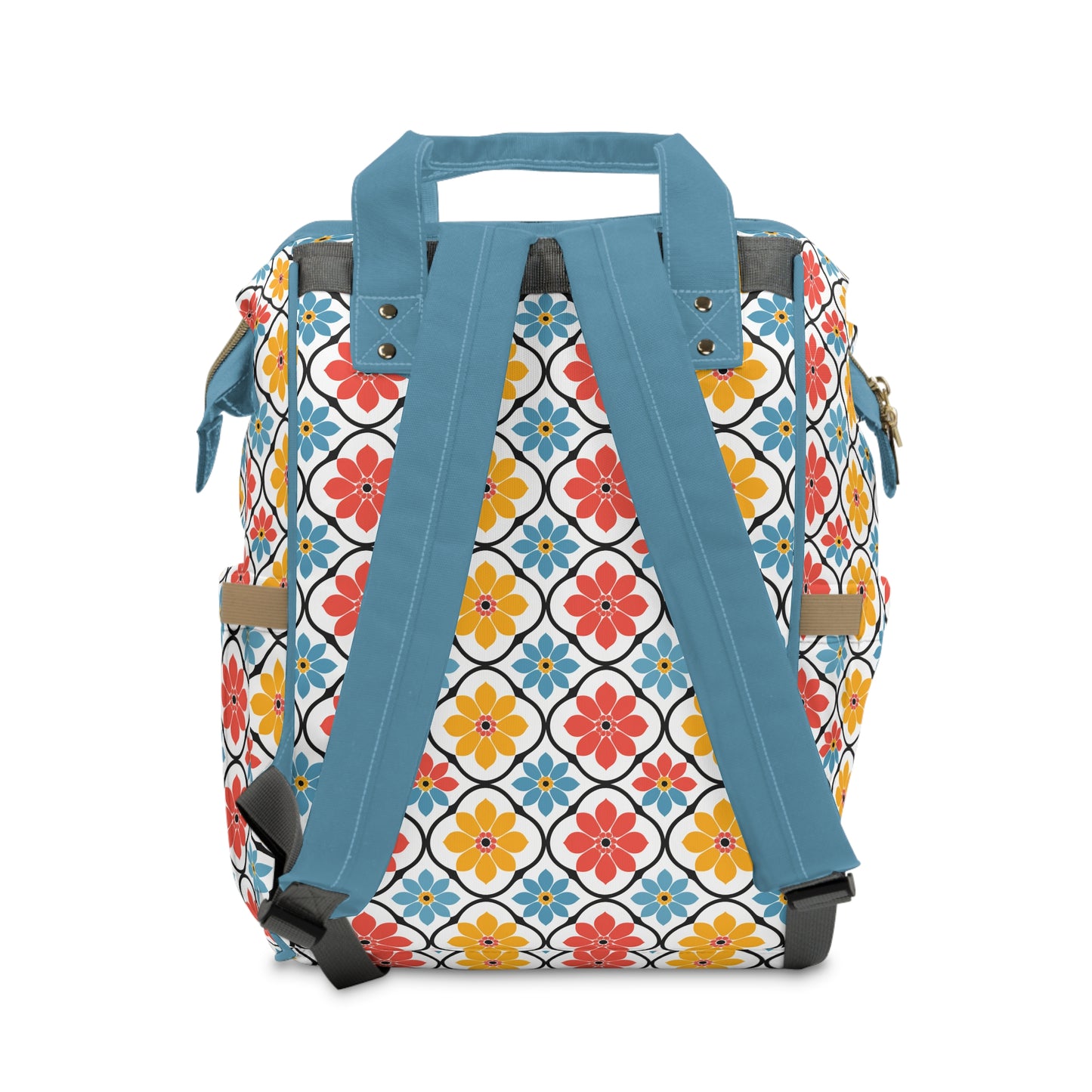 Retro Vintage Flowers in Bold Pink Blue and Orange Multifunctional Diaper Backpack