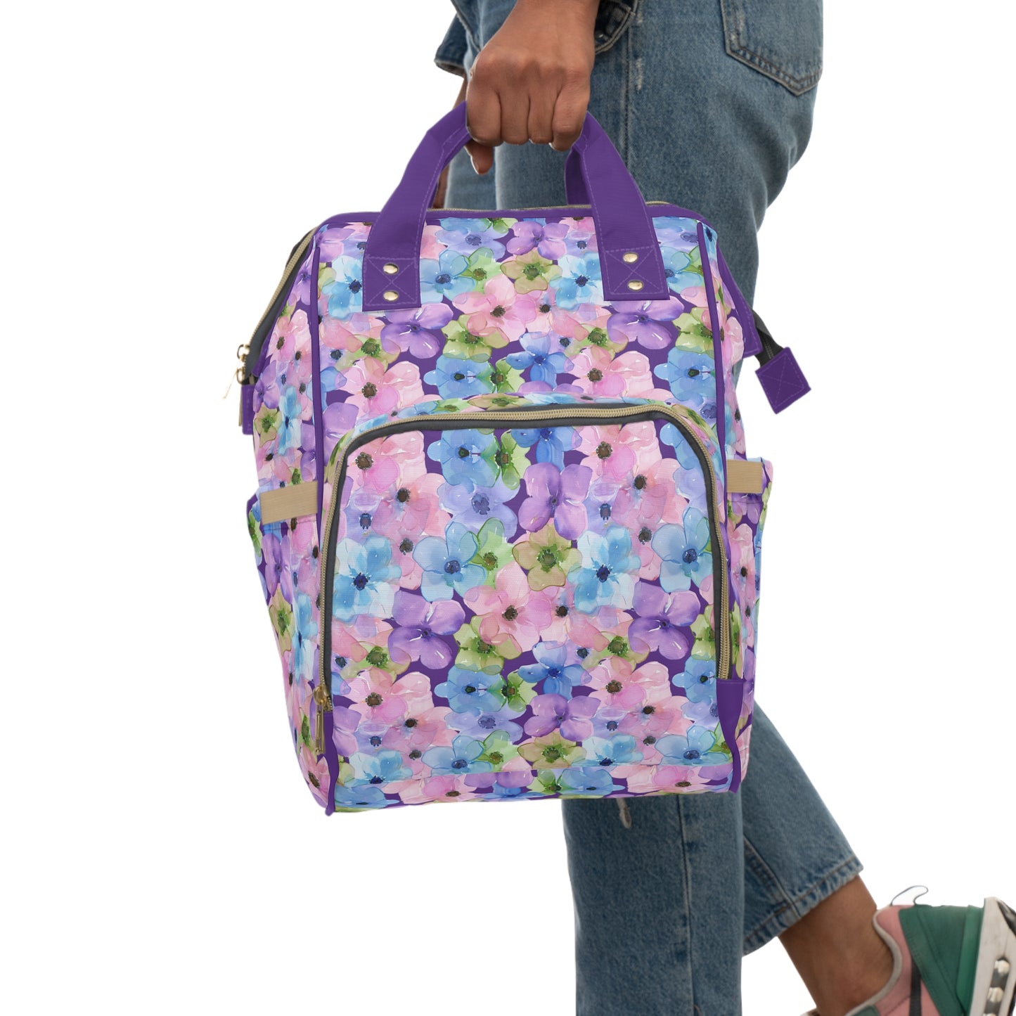 Dreamy Blooms: Large Pastel Pink, Purple, and Blue Flowers Multifunctional Diaper Backpack