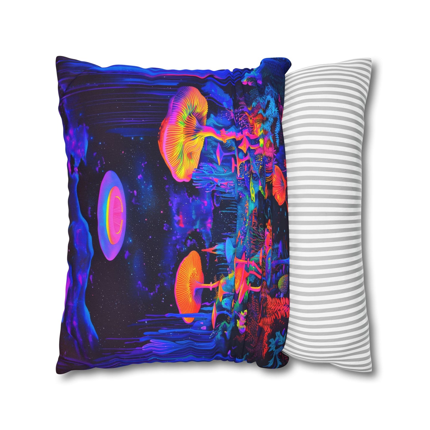 Vibrant Psychedelic Fantasy Neon Mushroom Forest Landscape Spun Polyester Square Pillowcase 4 Sizes