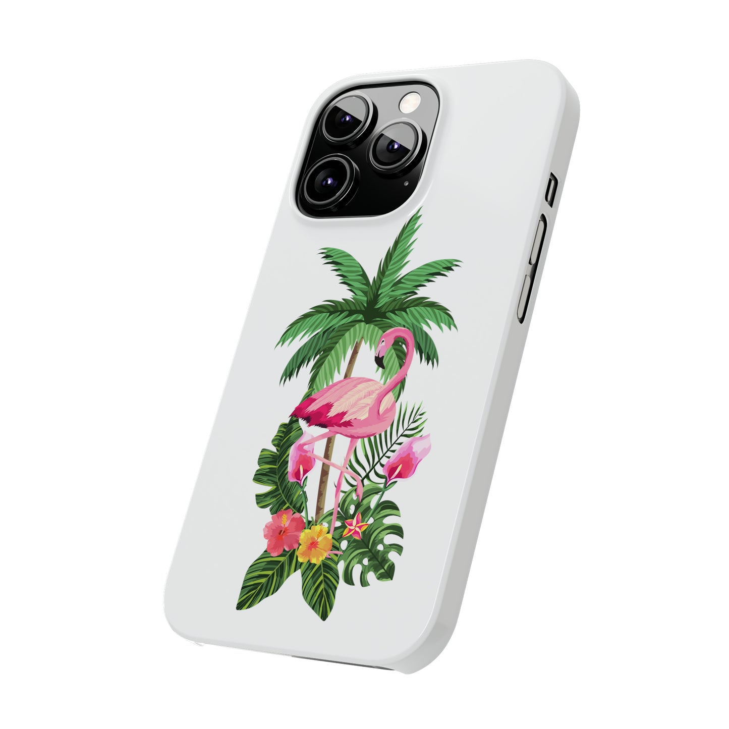 Tropical Pink Flamingo and Flowers White Background Iphone 15-12 Slim Phone Case