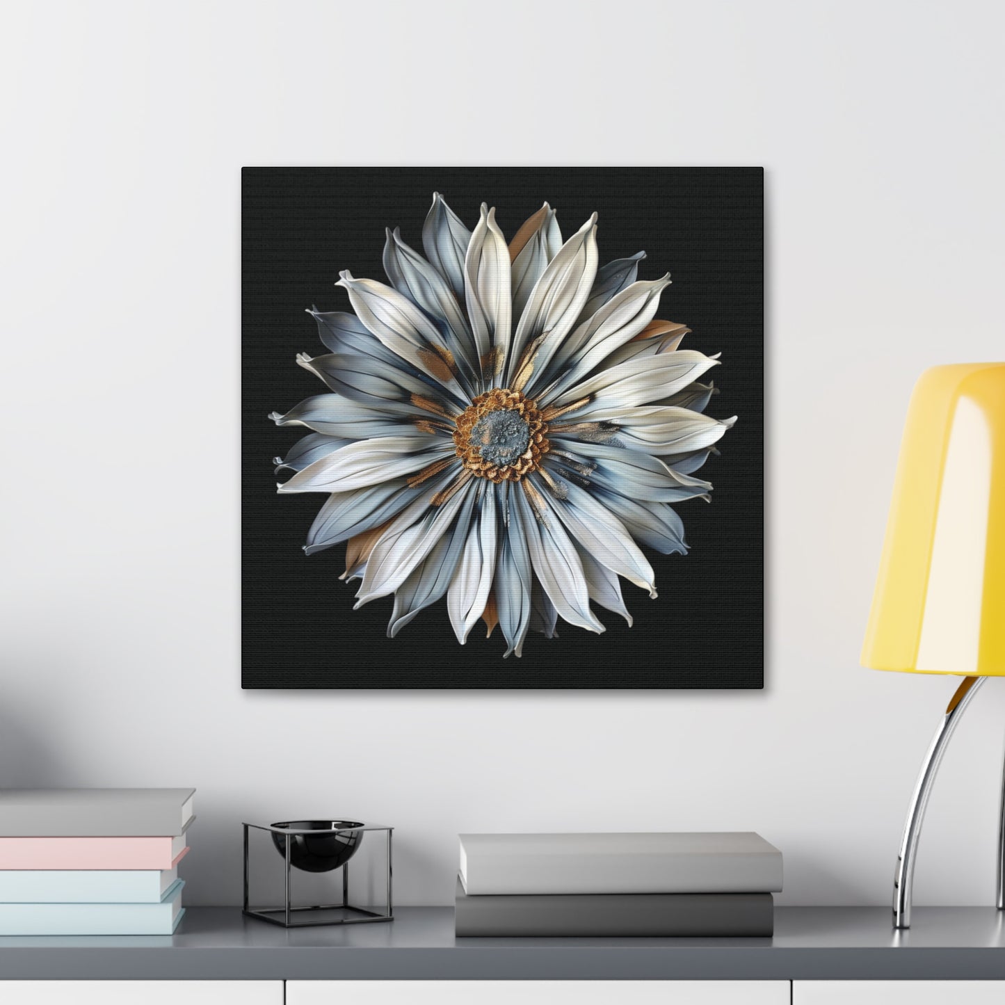 Pale Blue and Gold Sculpted Daisy on Black Background Print on Canvas Gallery Wraps  - 5 Sizes