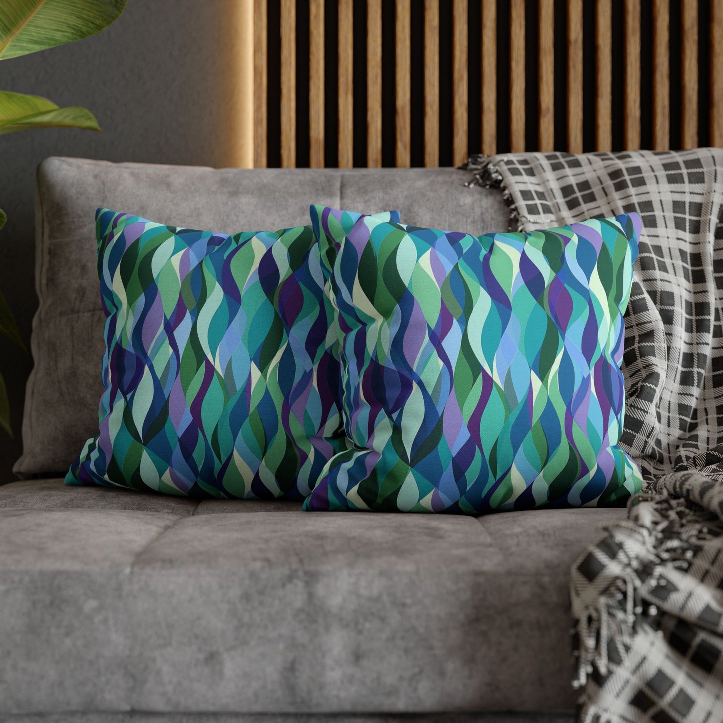 Modern Mosaic Art Ocean Waves of Blue and Green Spun Polyester Square Pillowcase 4 Sizes