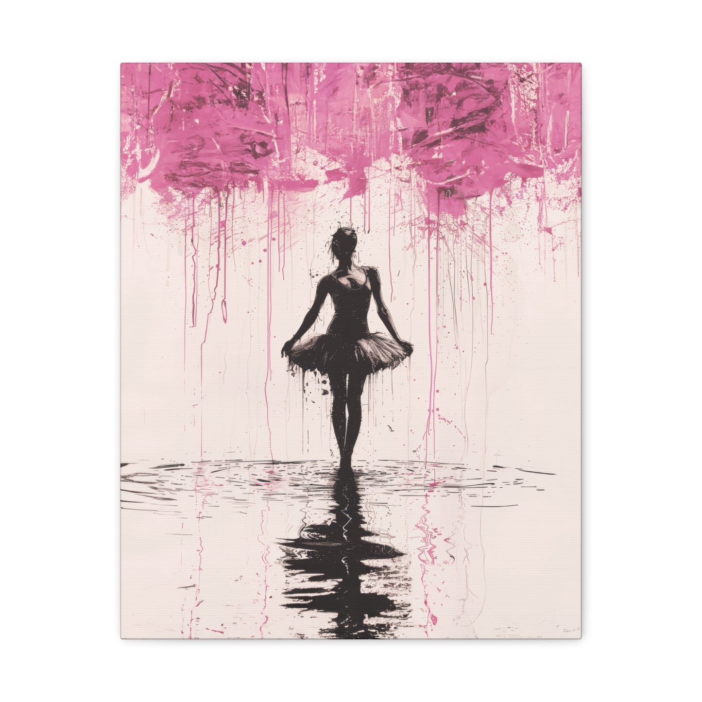 Dreamlike Reverie: Ballerina Dancing Amidst Pink Clouds and Gentle Rain Print on Canvas Gallery - 13 Sizes