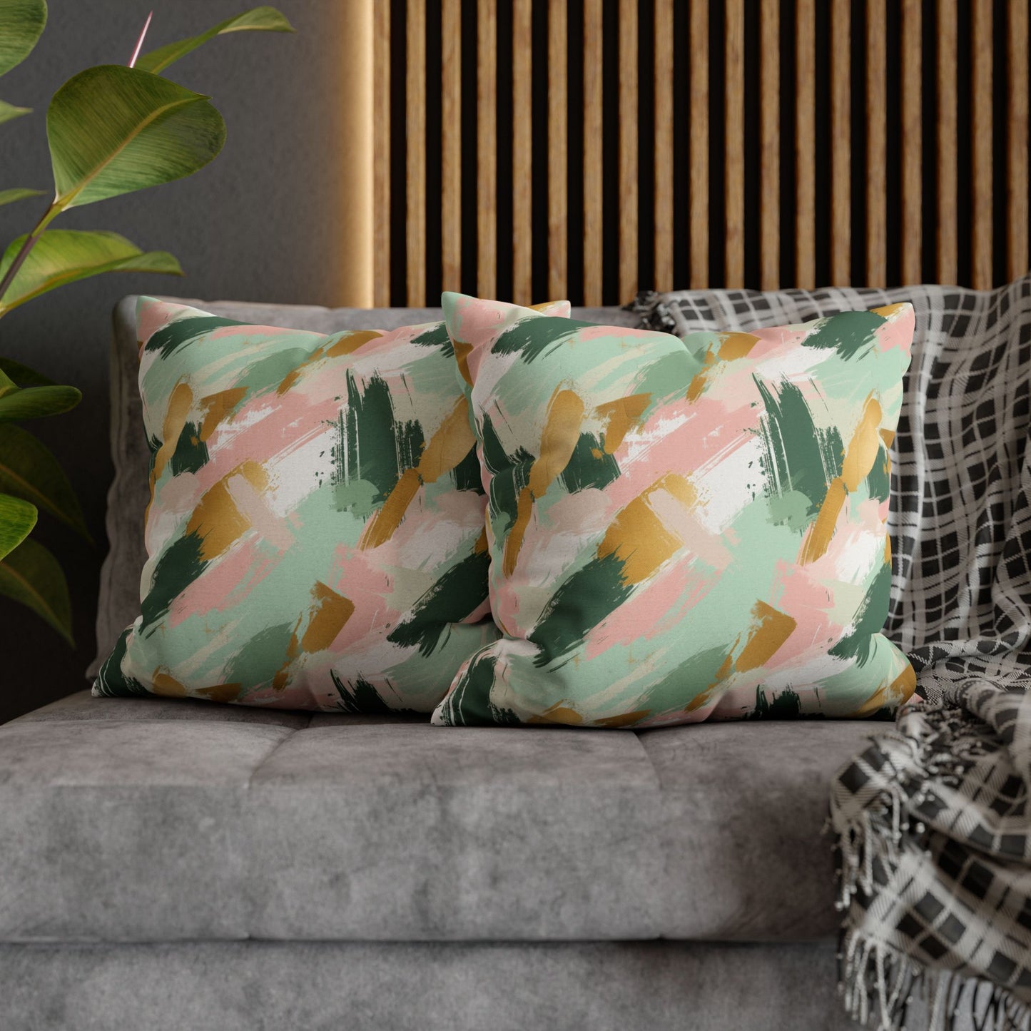 Spring Brushstrokes Abstract in Light Green, Pink, and Gold Spun Polyester Square Pillowcase 4 Sizes