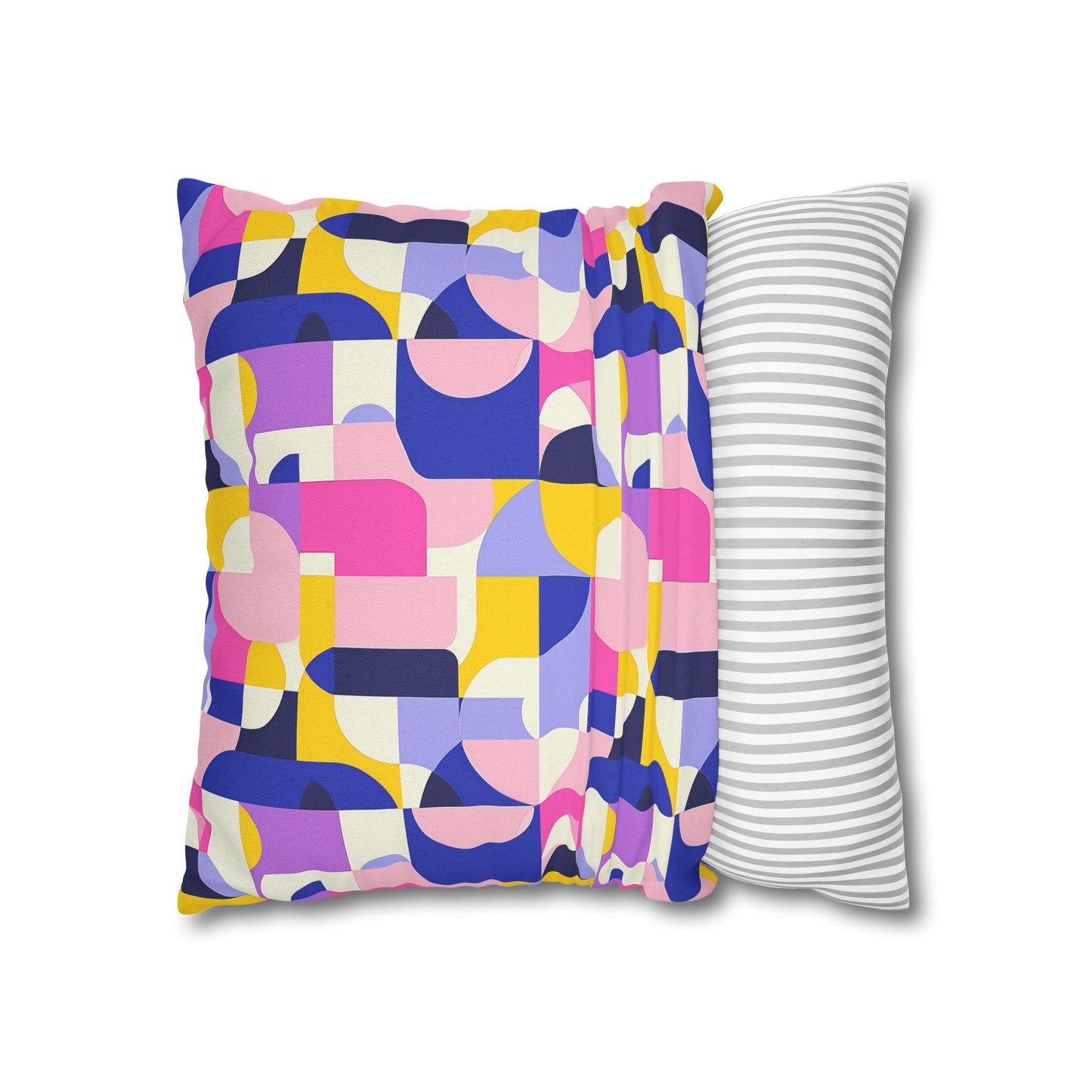 Vibrant Pink, Blue Yellow Color Block Geometric Shapes Spun Polyester Square Pillowcase 4 Sizes