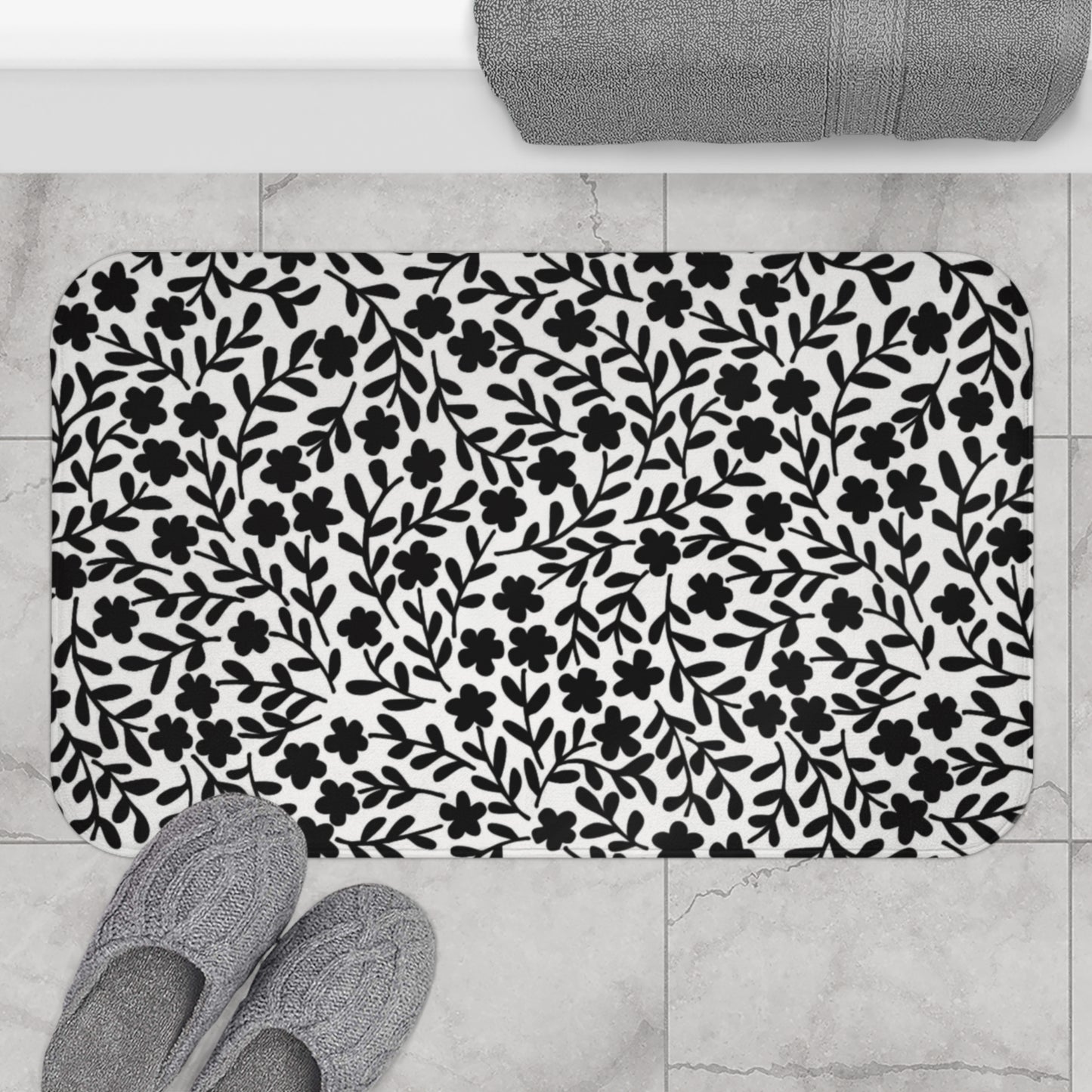 Delicate Simplicity: Tiny Black and White Floral Design Pattern  - Bathroom Non-Slip Mat 2 Sizes