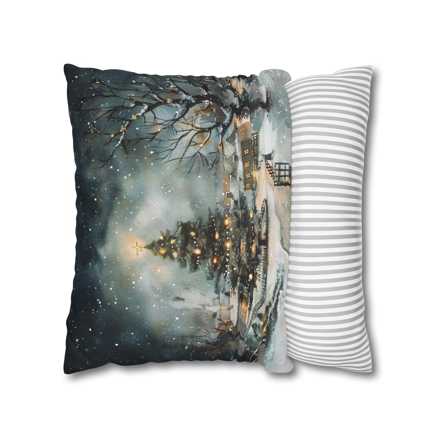 Winter Wonderland Glow: Christmas Tree Illuminating a Snowy Village Spun Polyester Square Pillowcase 4 Sizes