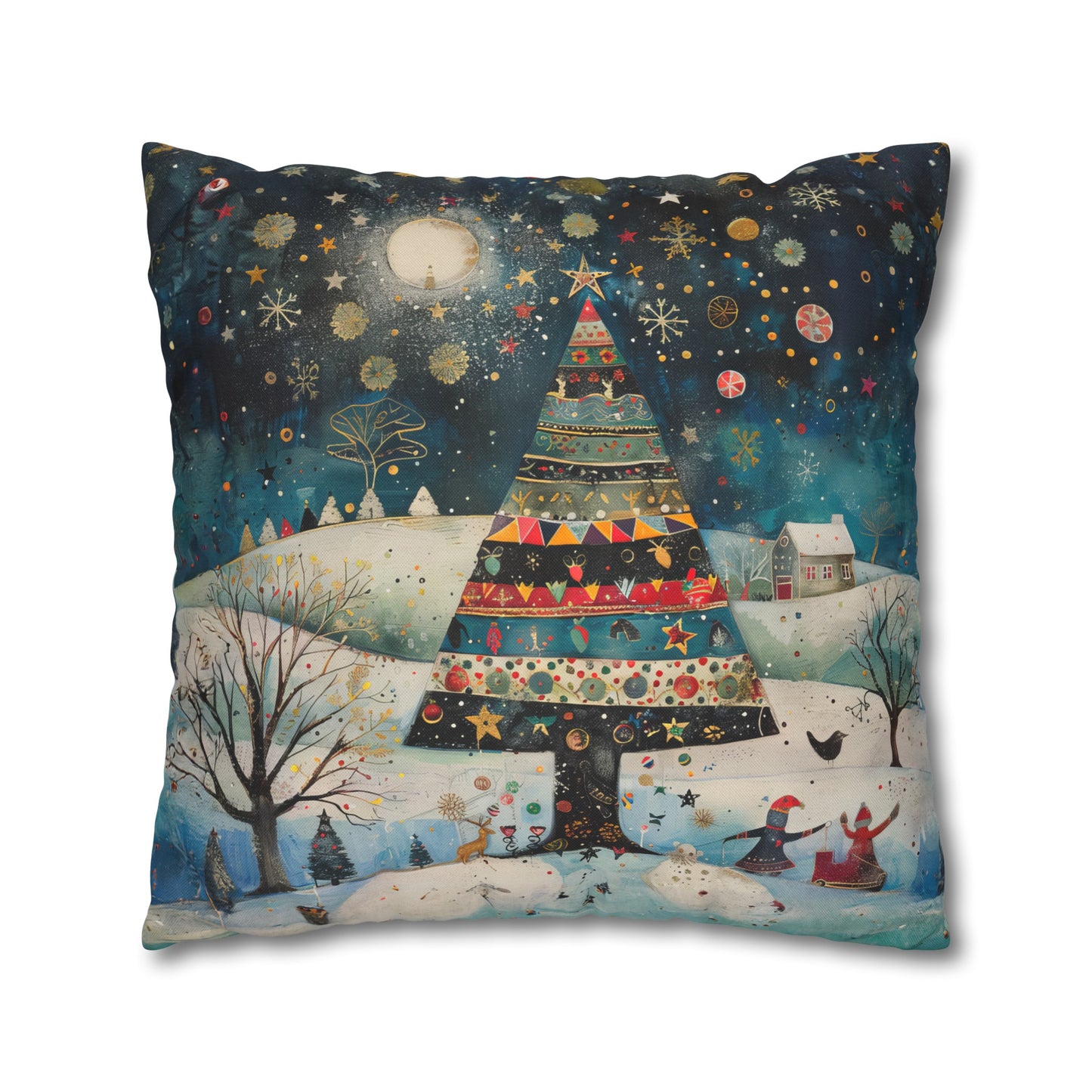 Nighttime Delights: Folk Art Christmas Tree Illuminating a Town, with Joyful Children Playing Below Spun Polyester Square Pillowcase 4 Sizes