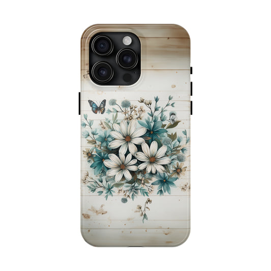 Rustic Charm Bouquet featuring Teal Accents White Wild Daisies with Butterflies Iphone Tough Phone Case