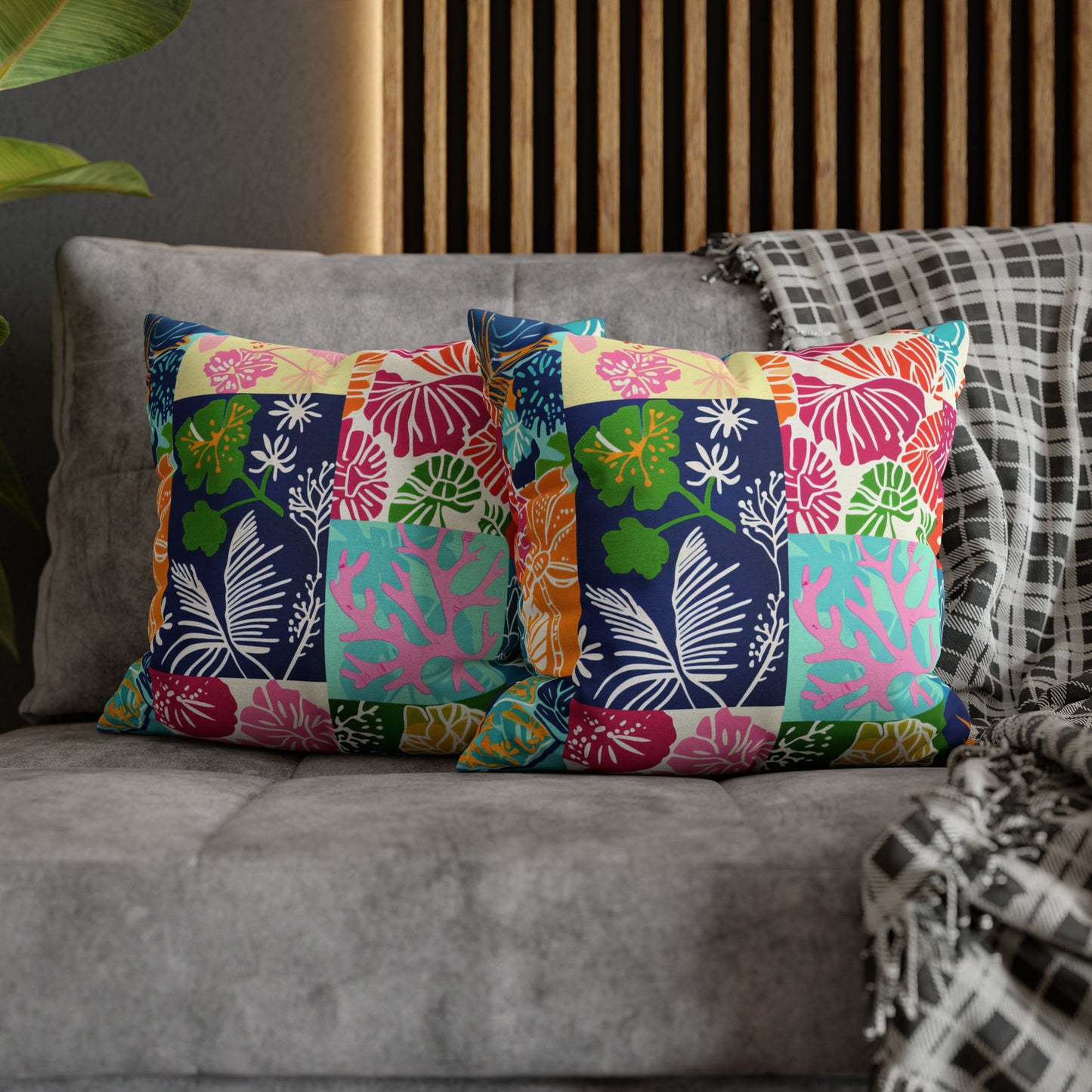 Vibrant Mosaic of Tropical Unique Shapes and Hues, from Vivid Oranges to Deep Blue Leaves and Flowers Spun Polyester Square Pillowcase 4 Sizes