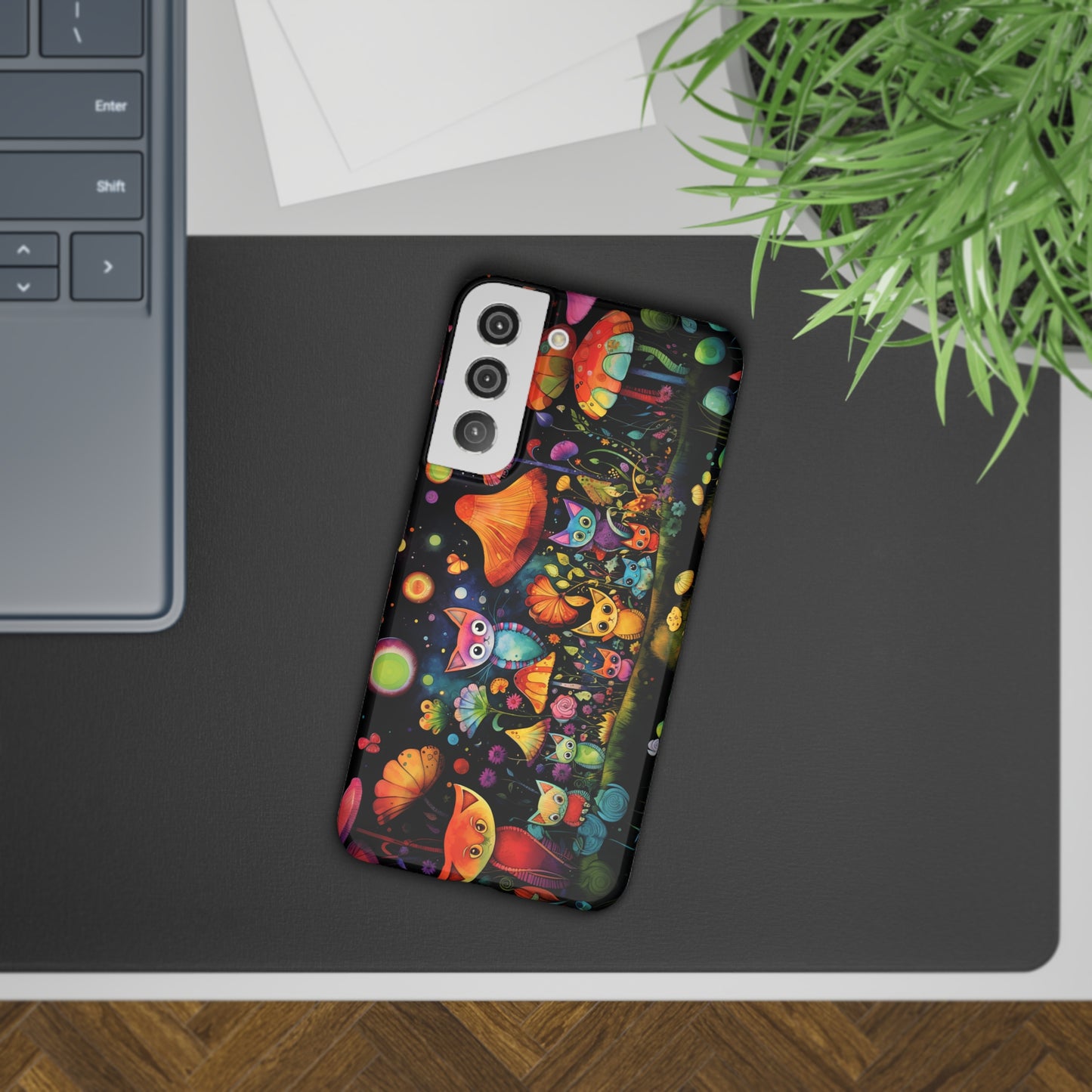 Mystical Cats Amidst a Garden of Flowers and Mushrooms, Beneath a Starry Sky Samsung Slim Cases