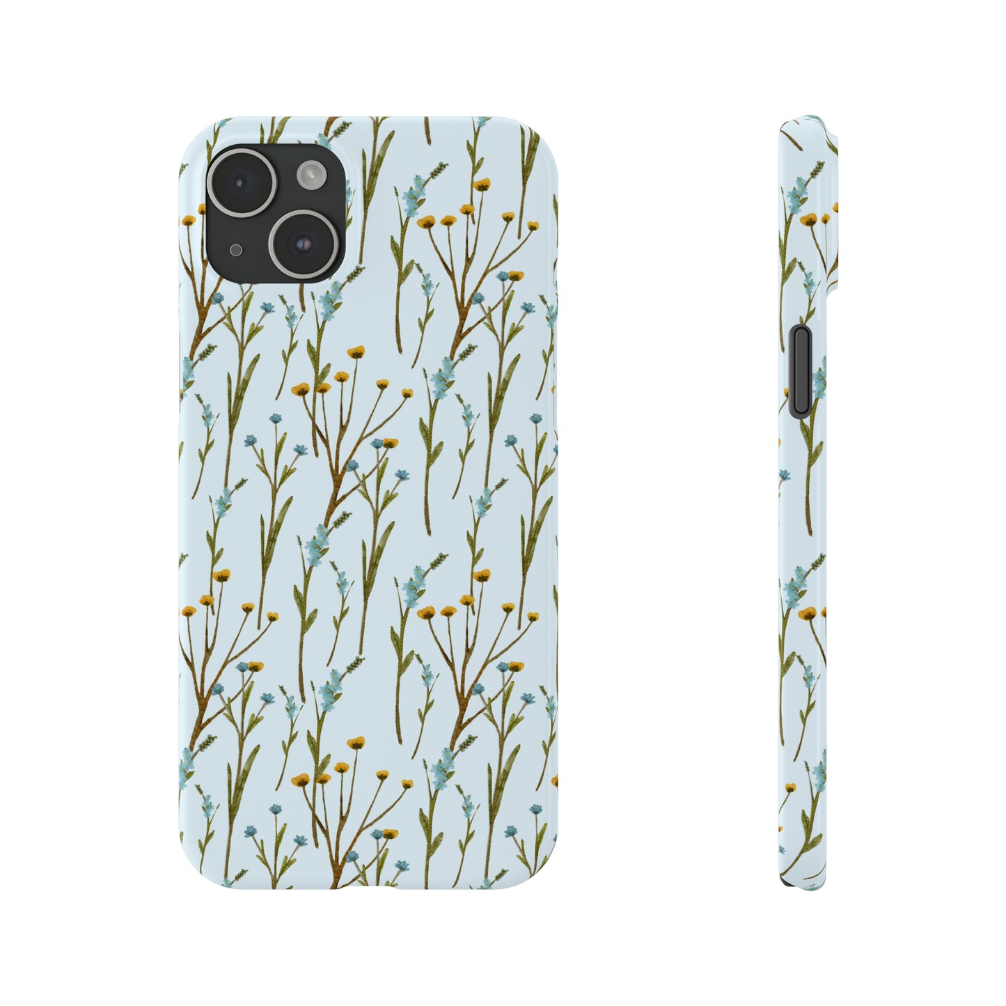 Delicate Blue and Yellow Wildflowers on a Light Blue Background Design Iphone 15-12 Slim Phone Case