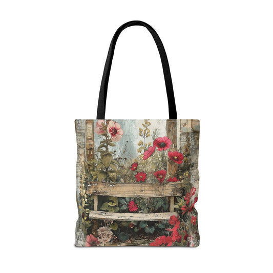 Rustic Retreat: Flower Garden Adorned with a Weathered Bench Canvas Tote Bag - 3 Sizes