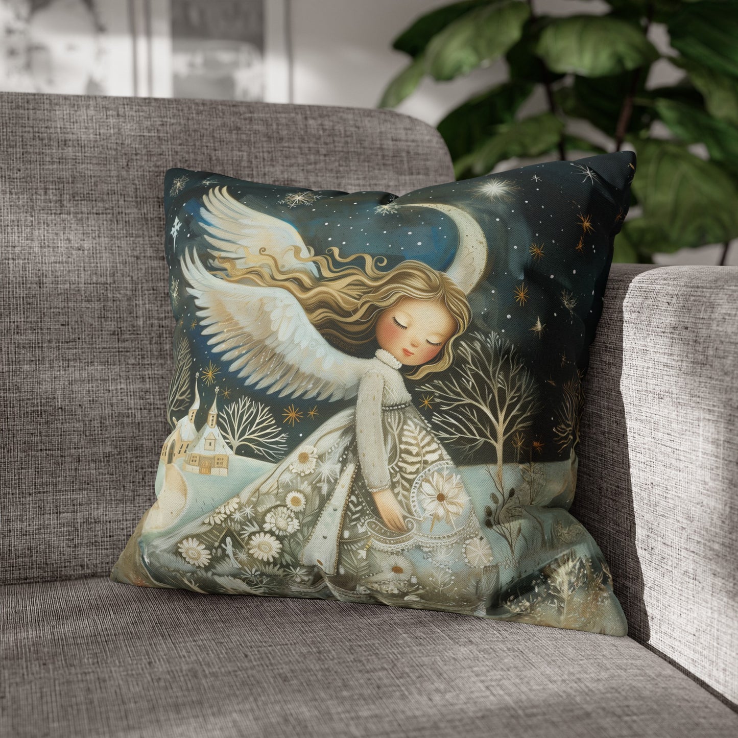 Guardian of Bloom: Young Angel in Floral Dress Amidst a Quaint Village Spun Polyester Square Pillowcase 4 Sizes