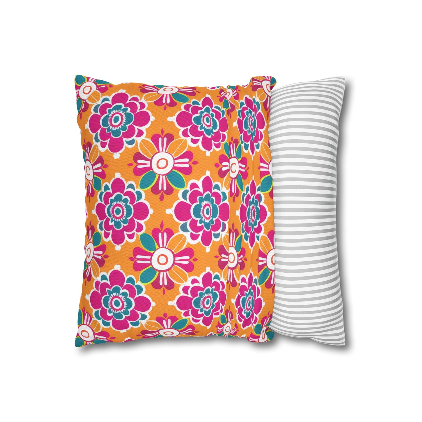 Array of Stylized Floral Motifs in Vivid Pink, Teal, and White Set Against a Warm Orange Backdrop Spun Polyester Square Pillowcase 4 Sizes