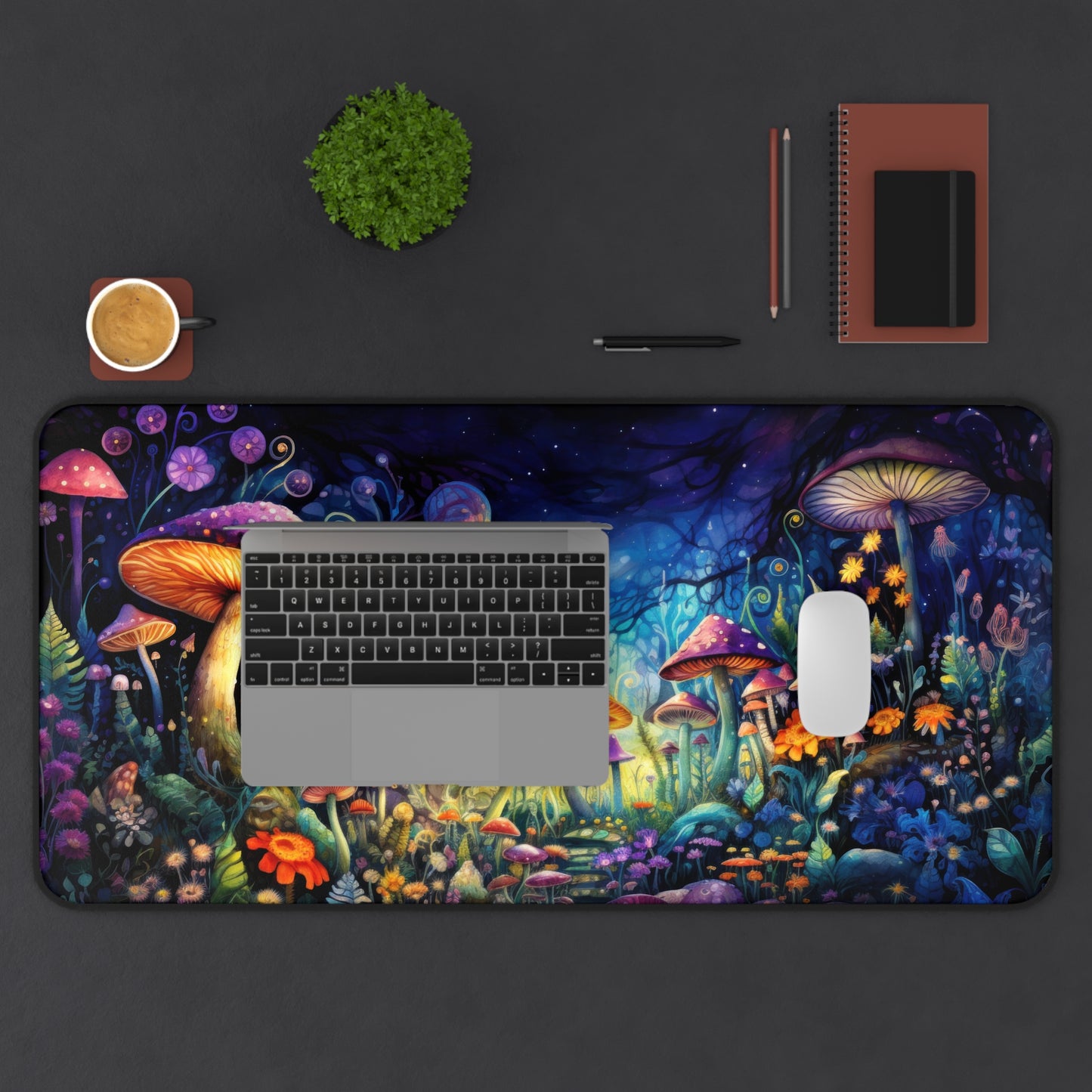 Fantasy Neon Nighttime Mushroom and Flower Garden - Desk Mat Extended Gaming Mouse Pad 3 Sizes