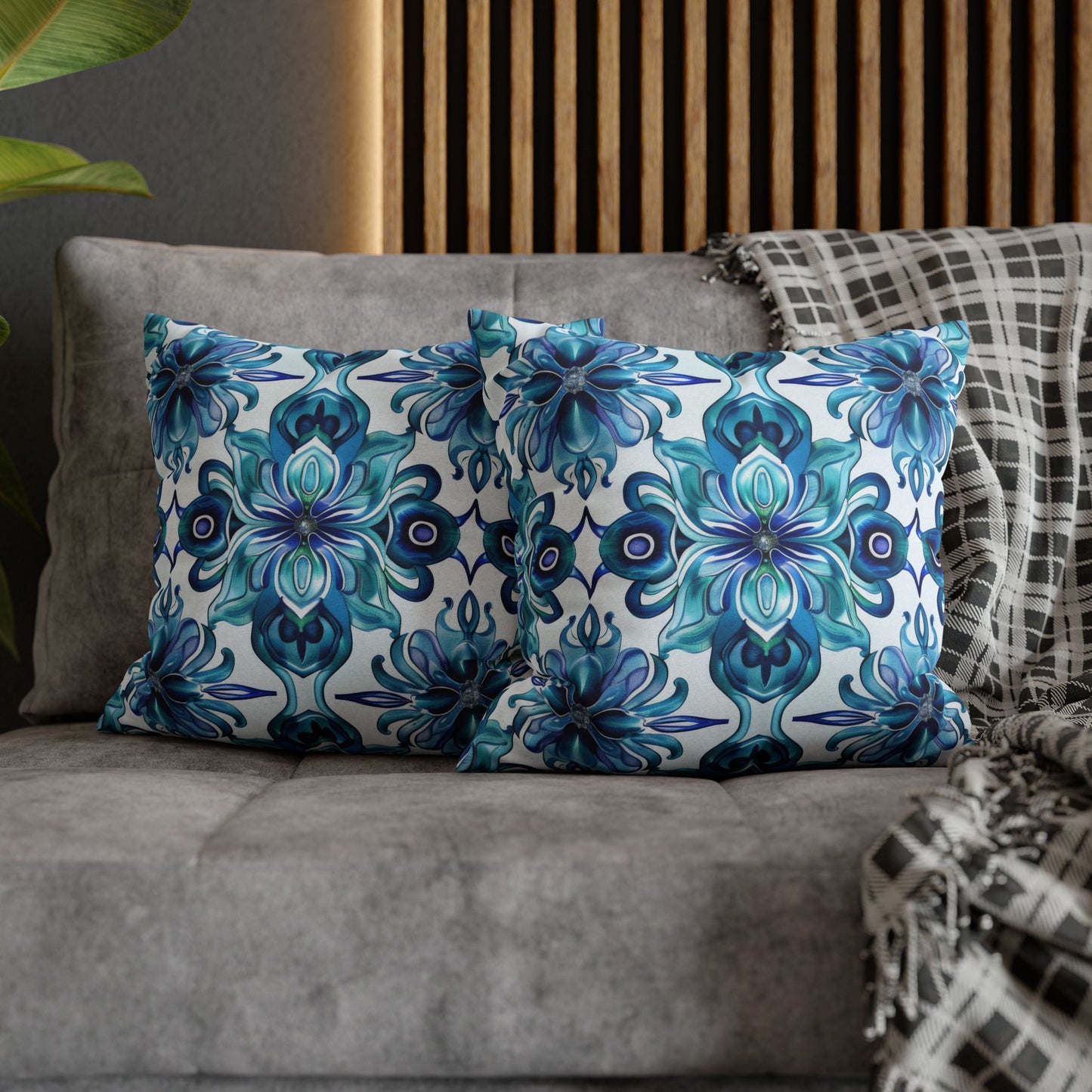 Blossom Symphony of Blue Teal Intricate Floral Pattern Spun Polyester Square Pillowcase 4 Sizes