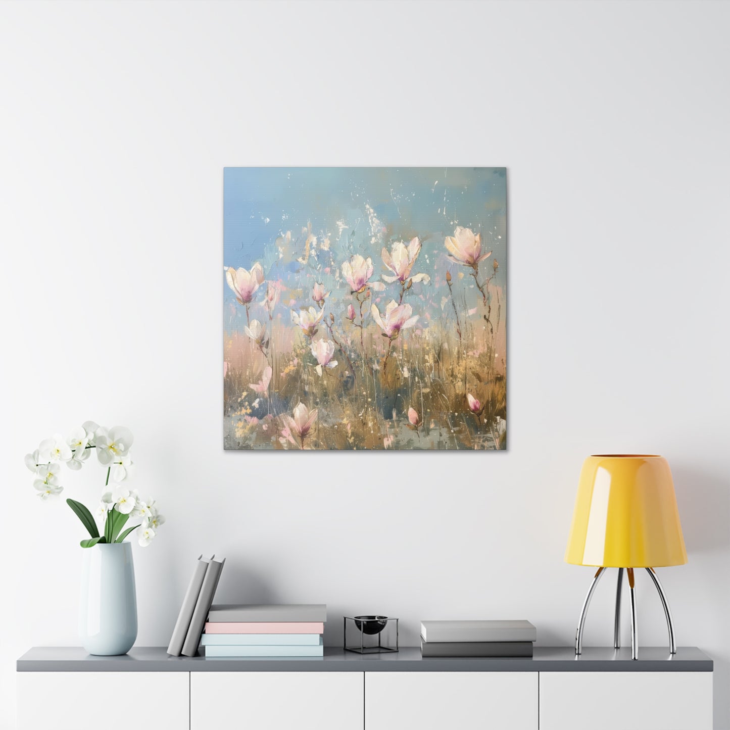 Gentle Spring Serenity: Soft White and Pink Wildflowers Blooming in a Sunlit Field Print on Canvas Gallery Wraps  - 5 Sizes