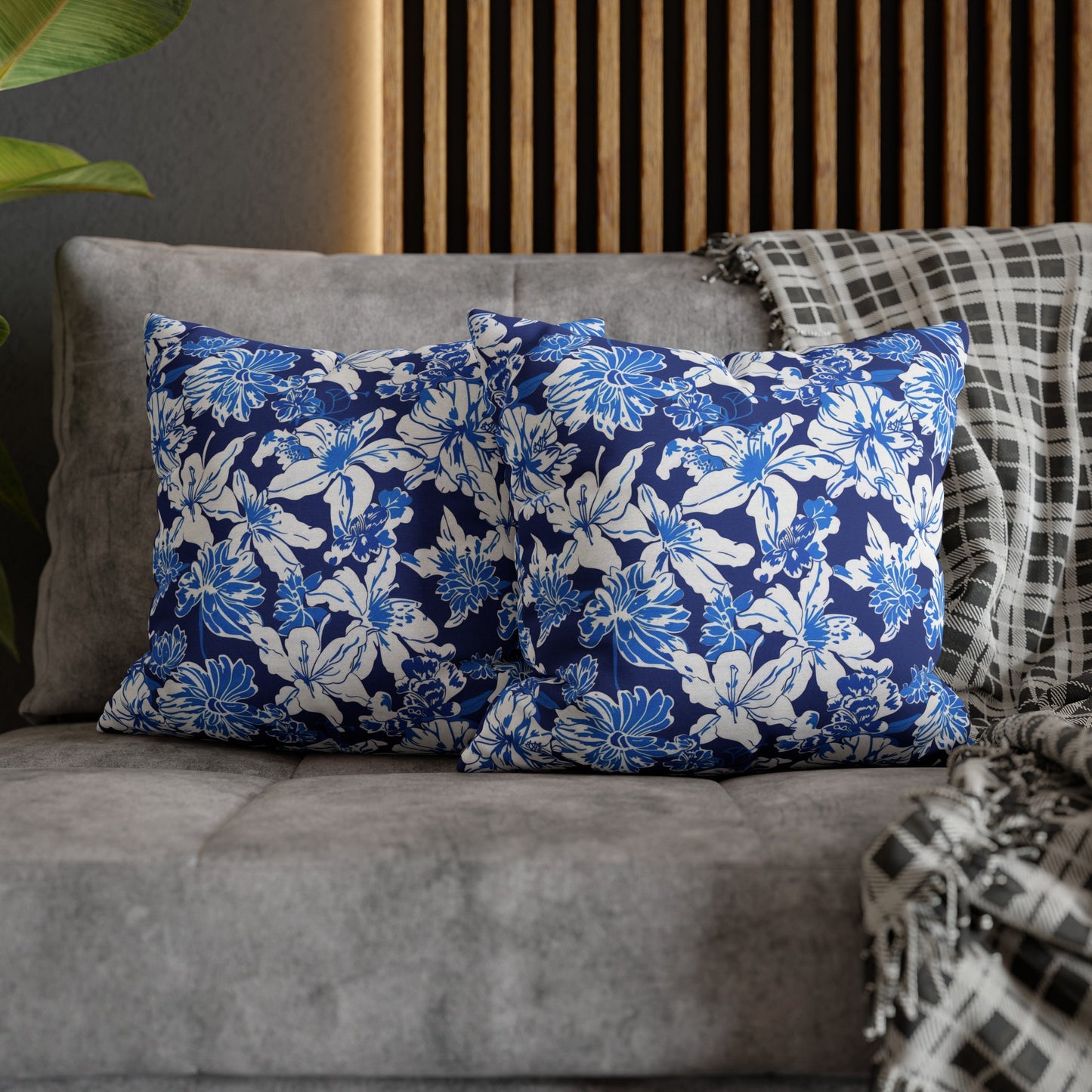 Oceanic Bloom: Watercolor Tropical Flowers in White and Blue against a Deep Blue Background Spun Polyester Square Pillowcase 4 Sizes