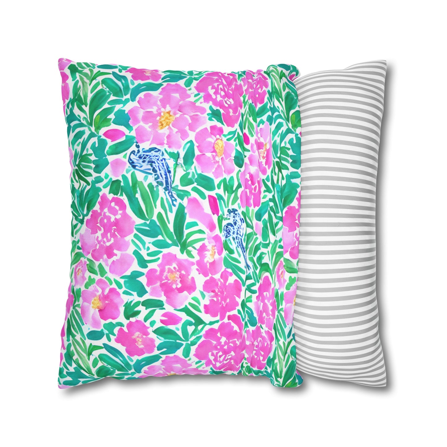 Springtime Whispers: Tiny Birds and Pink Blooms, Subtle Blue Accents, and Lush Green Leaves Spun Polyester Square Pillowcase 4 Sizes