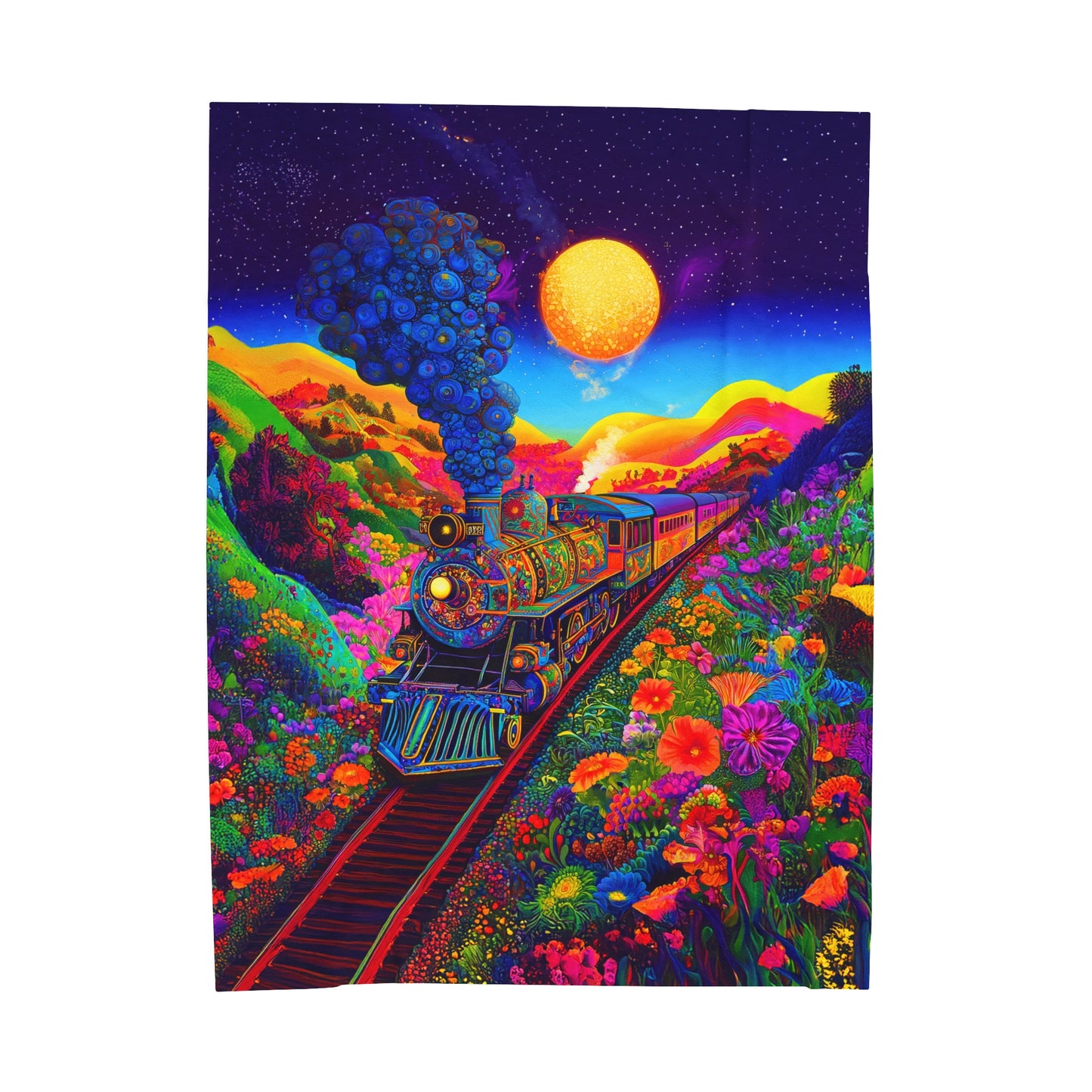 Psychedelic Voyage in Floral Express Under the Cosmic Sun Velveteen Plush Blanket 3 Sizes